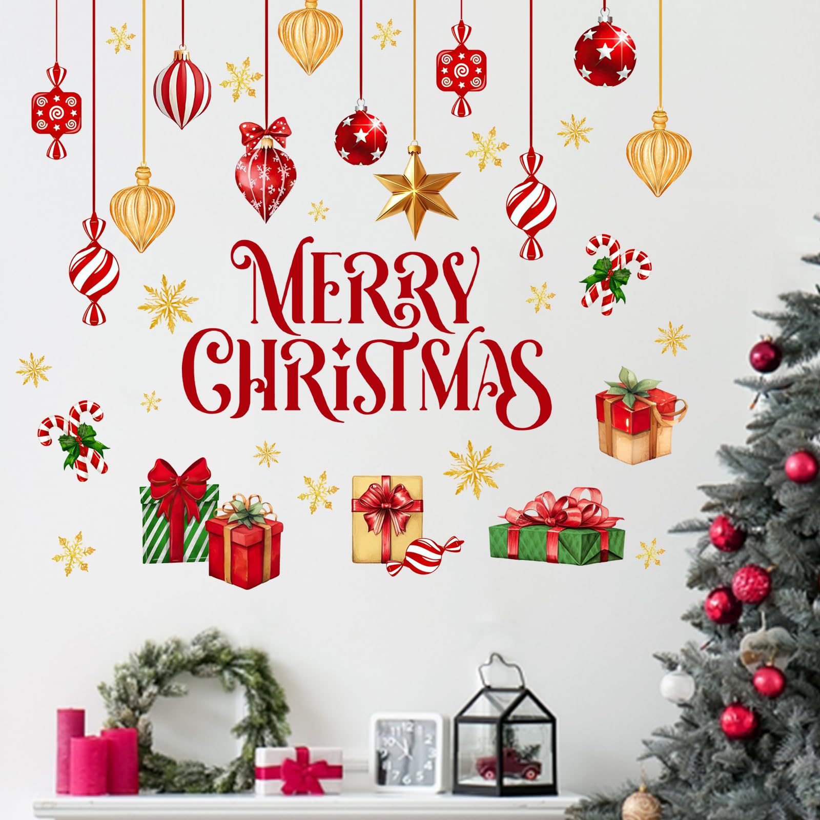 Mfault Merry Christmas Balls Wall Decals with gold snowflakes for festive wall decor