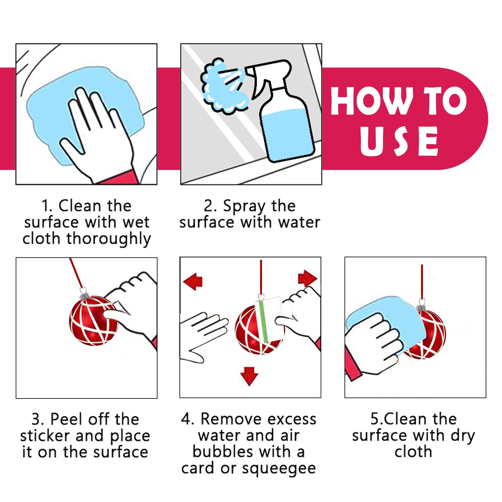Mfault Merry Christmas Balls window cling sheet 5 demonstrates simple installation on glass surfaces.