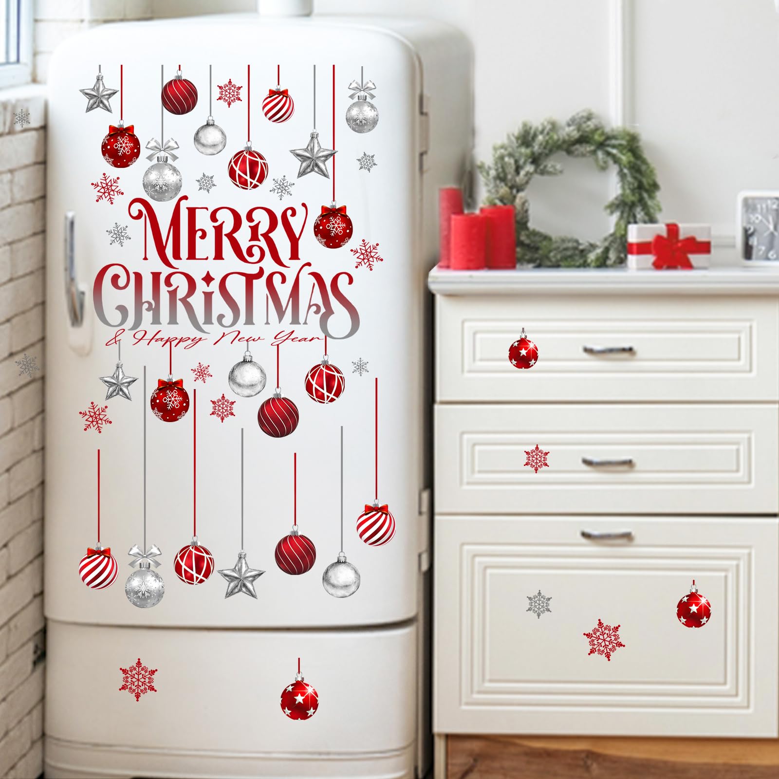 Mfault Merry Christmas Balls window cling closeup highlights durable PVC and double sided visibility.