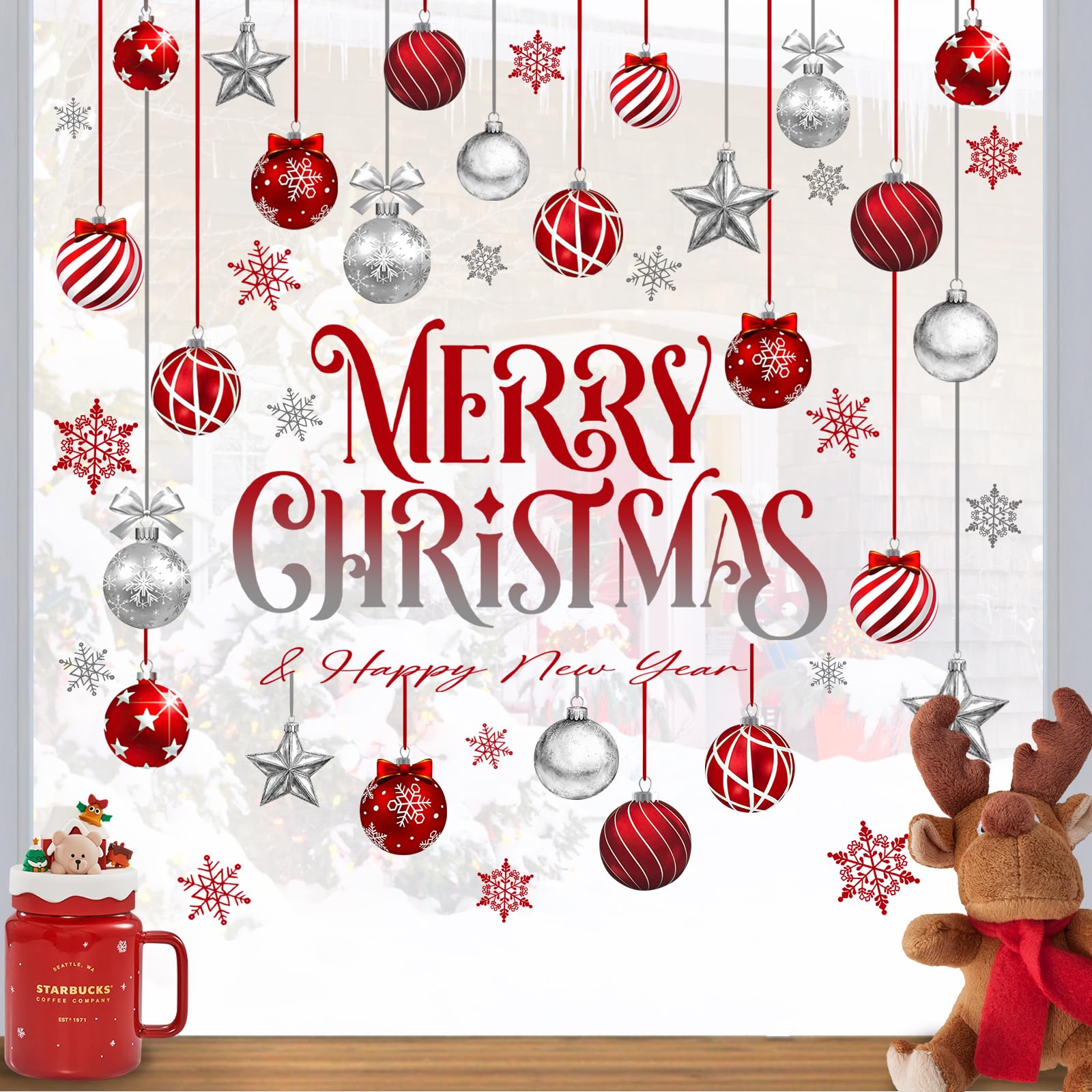 Mfault Merry Christmas Balls window cling sheet 3 features vibrant patterns for windows and doors.
