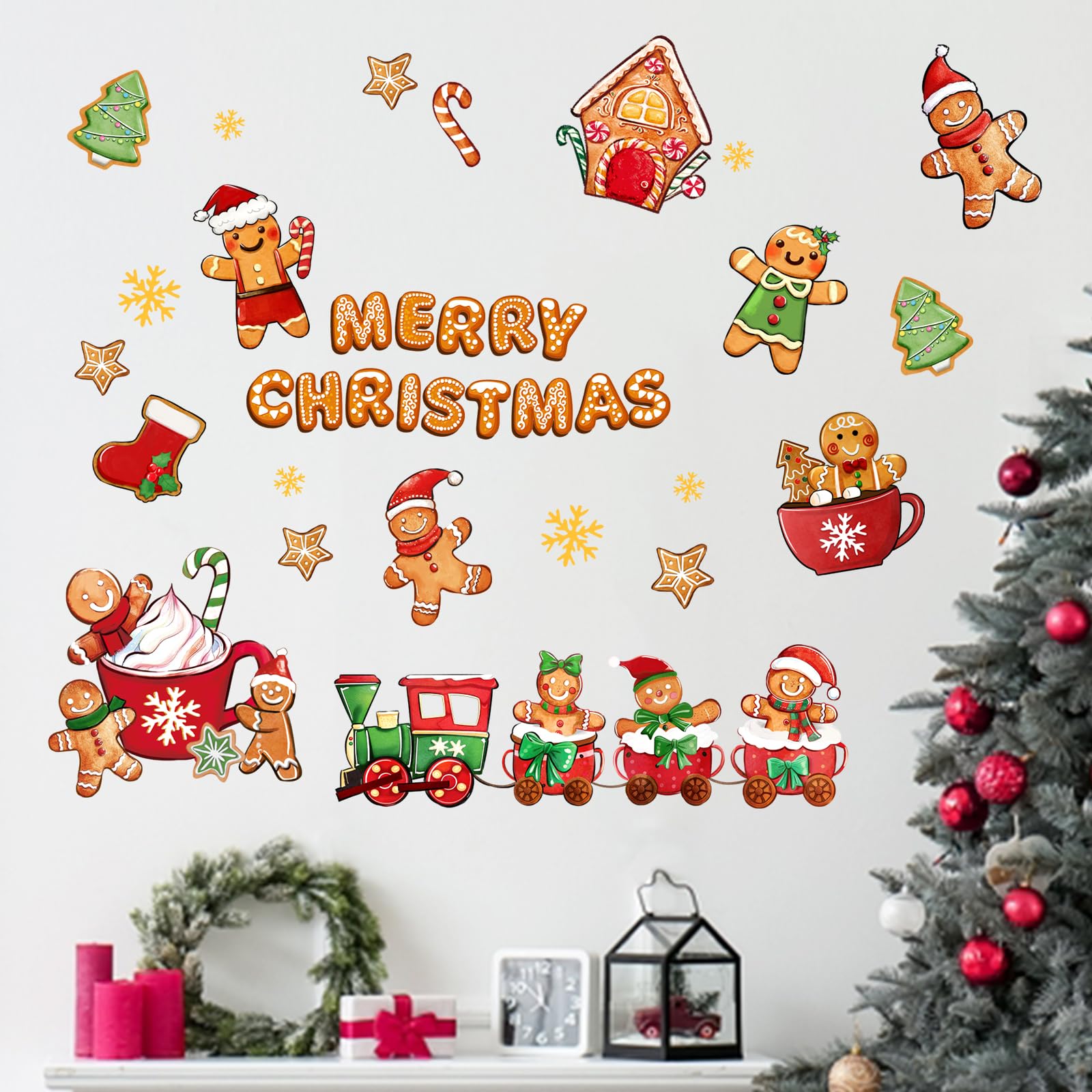 Mfault Merry Christmas gingerbread wall decal set with candy canes for cozy bedroom decor.