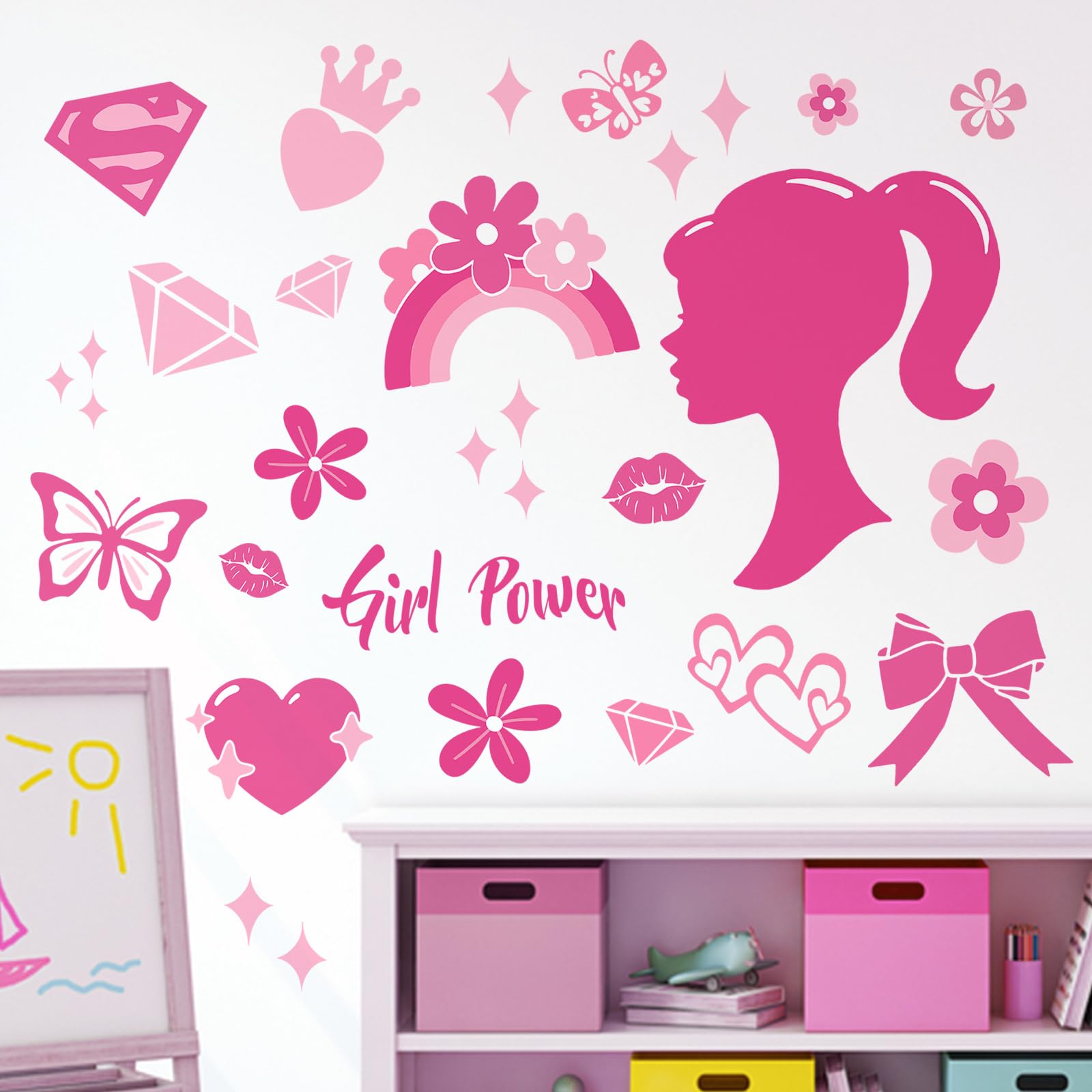 Mfault pink girl power wall decal closeup illustrates vibrant colors for a playful teen bedroom.