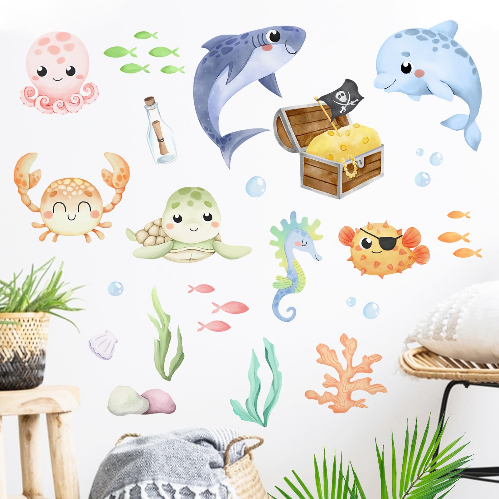 Mfault Under The Sea shark-dolphin decal brightens a nursery with playful marine decor.