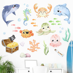 Mfault Under The Sea turtle-seahorse decal creates a calming coastal vibe in bedrooms.