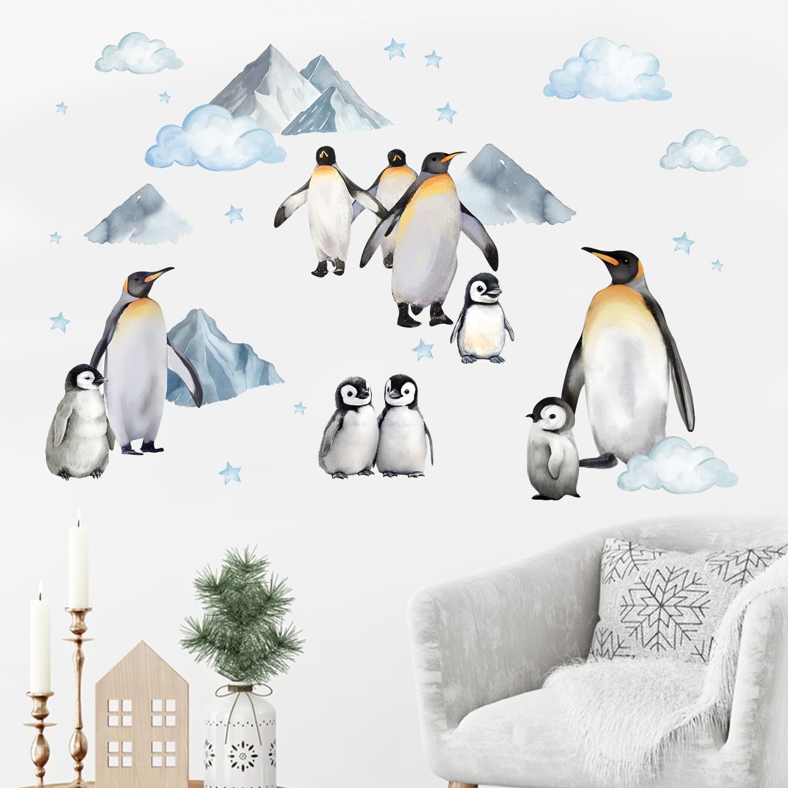 Mfault Winter Penguin wall decals show clouds and stars for imaginative playtime walls