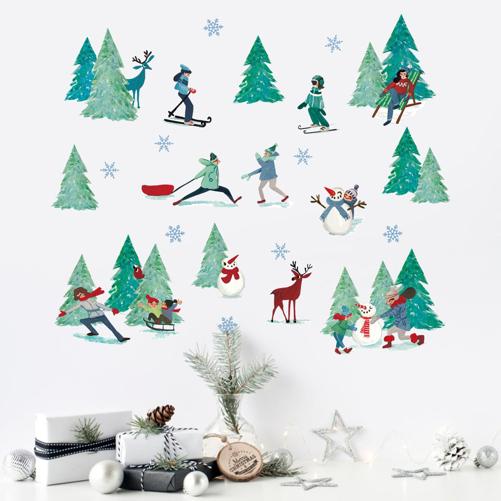 Mfault pine tree decal complements living room decor with winter charm.