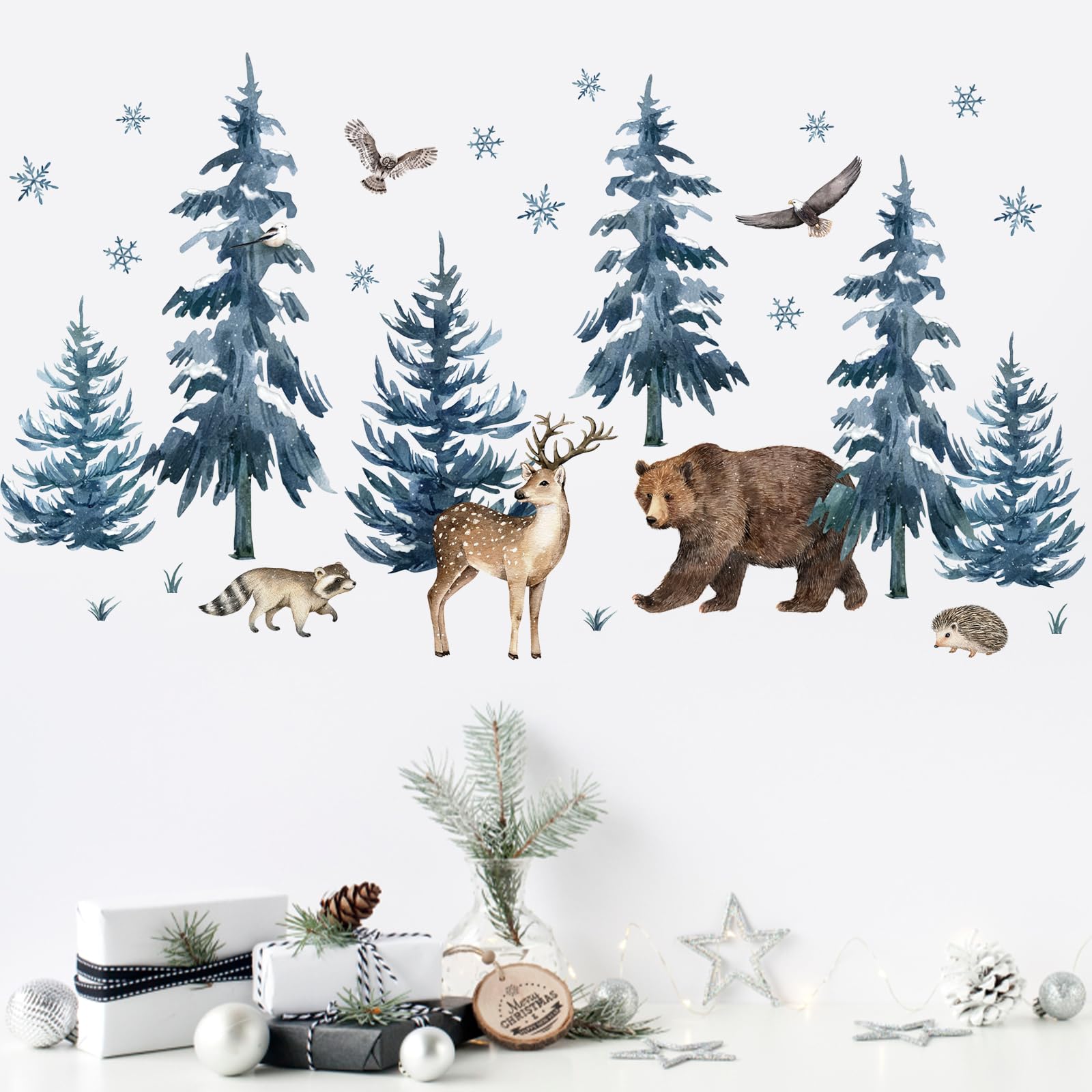 Mfault Winter Wildlife Pine Tree decal complements woodland themes on walls.