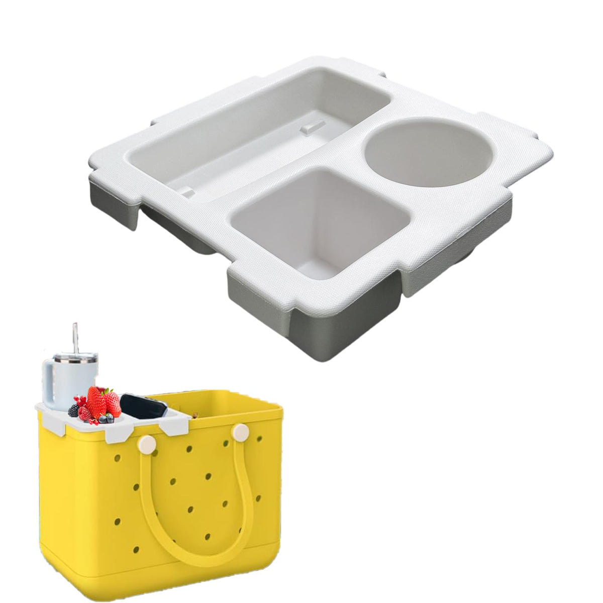 MGARDENMYI Top Cup Holder Tray on Bogg Bag XL enables quick, organized beach setups.