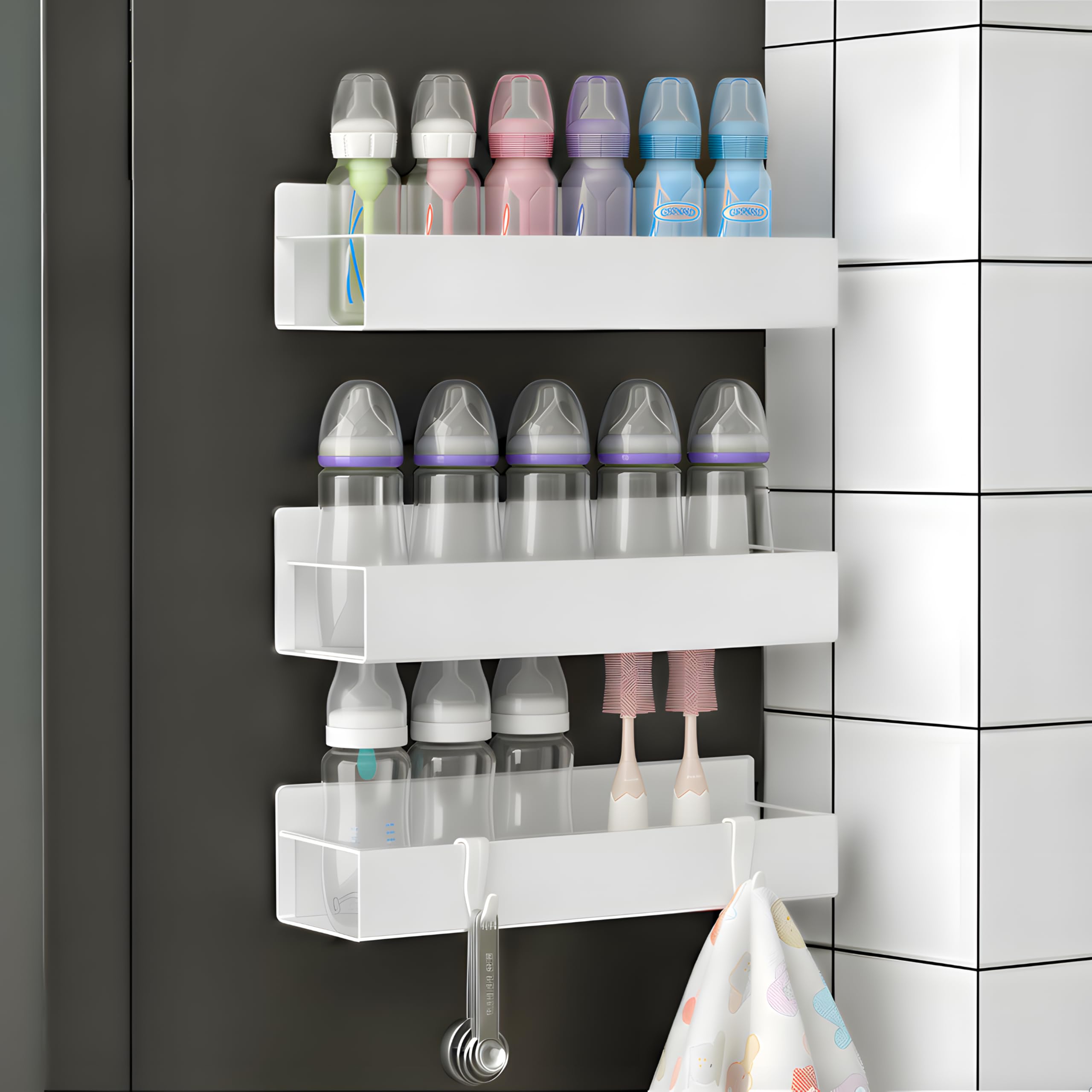 MGY 3Pack magnetic bottle organizer on fridge keeps bottles within easy reach.