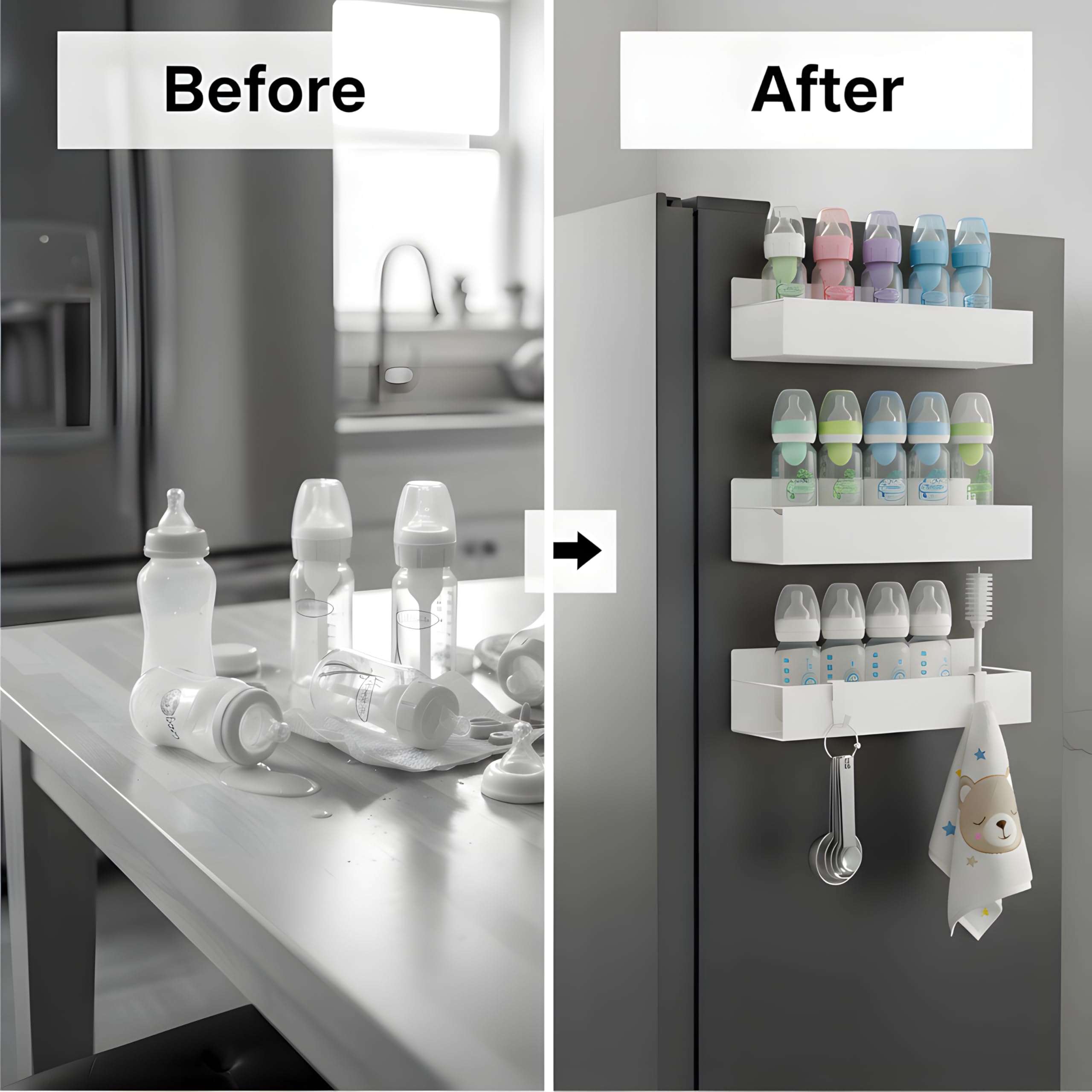 MGY 3Pack metal shelf with four hooks stores bottles and accessories neatly.