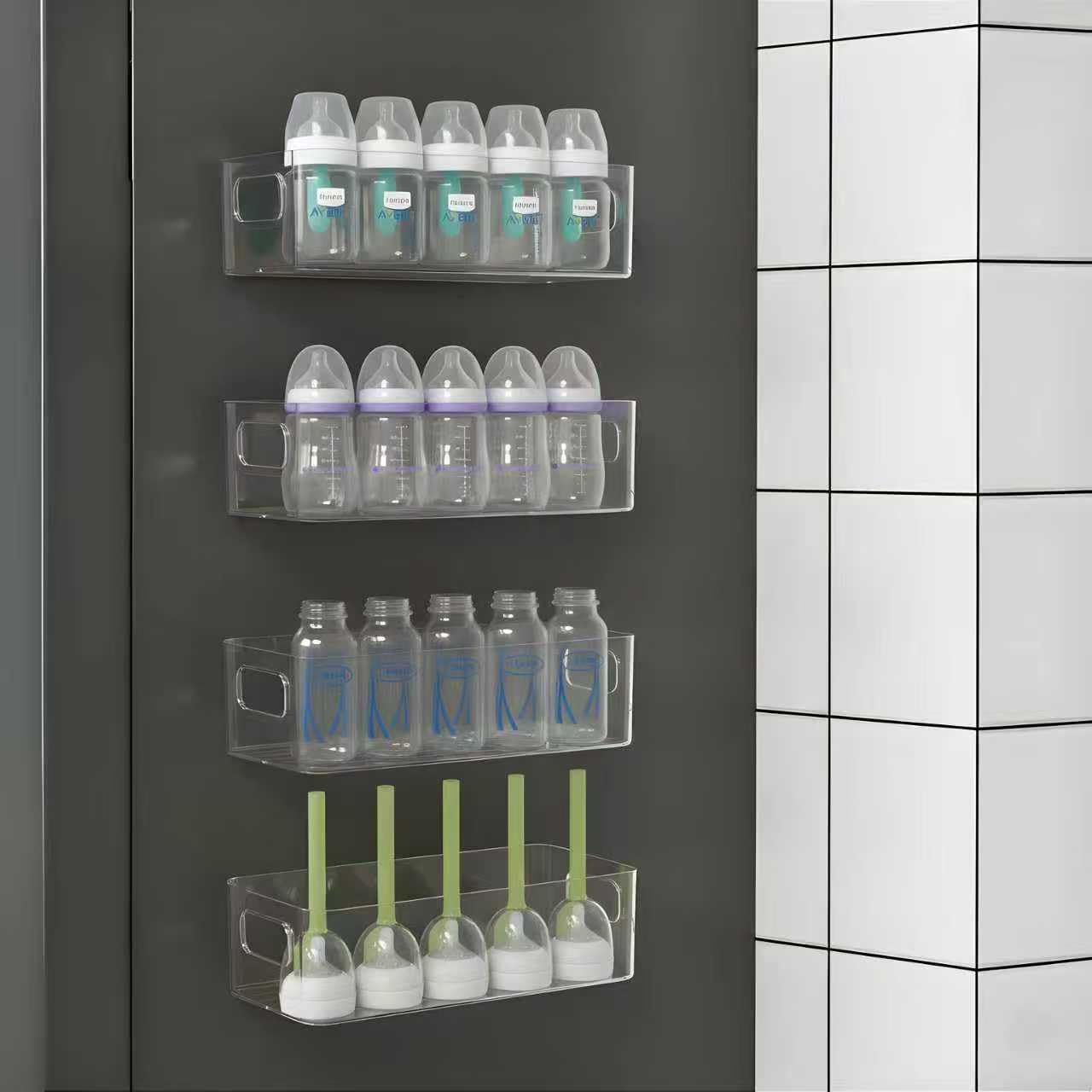 MGY 4Pack bottle organizer on fridge for clutter-free bottle storage.