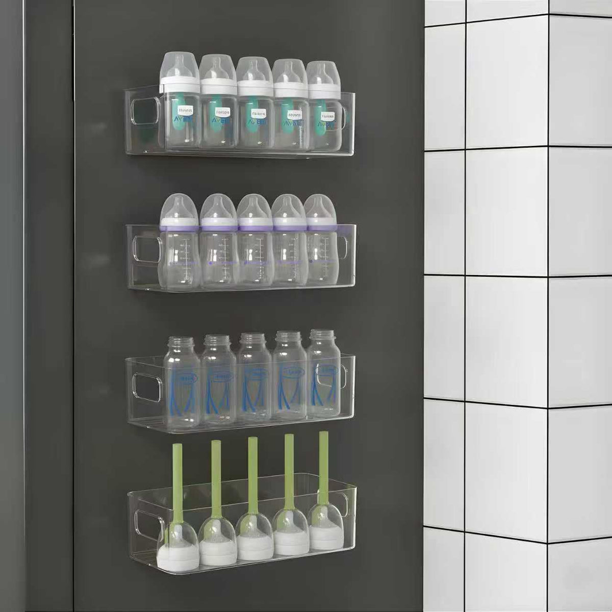 MGY 4Pack bottle organizer on fridge for clutter-free bottle storage.