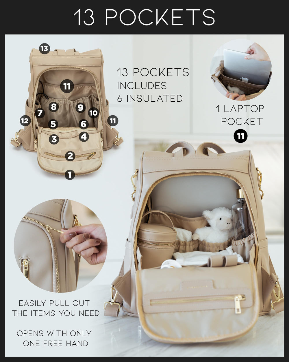 MIA + SOPHIA beige gold hardware detail adds luxury to everyday use