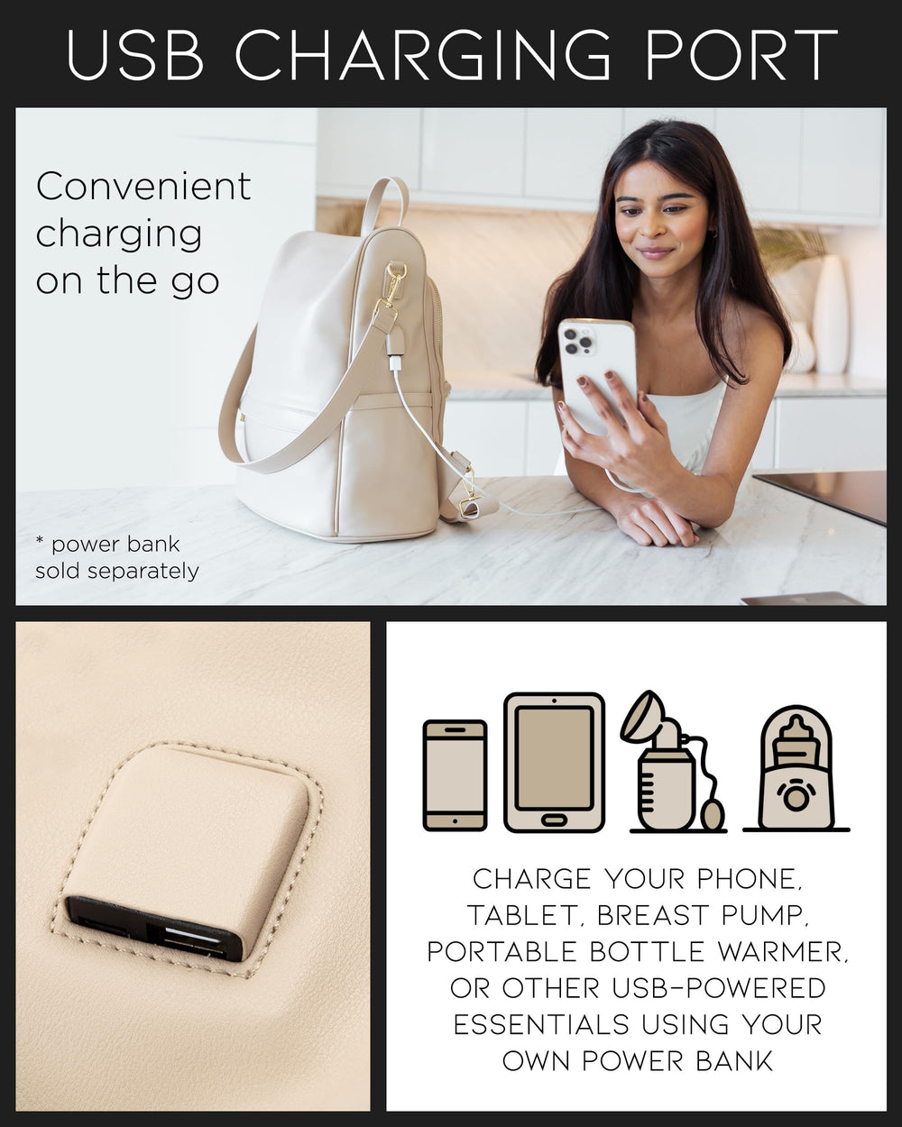 MIA + SOPHIA beige insulated bottle holder keeps feeds at the right temperature