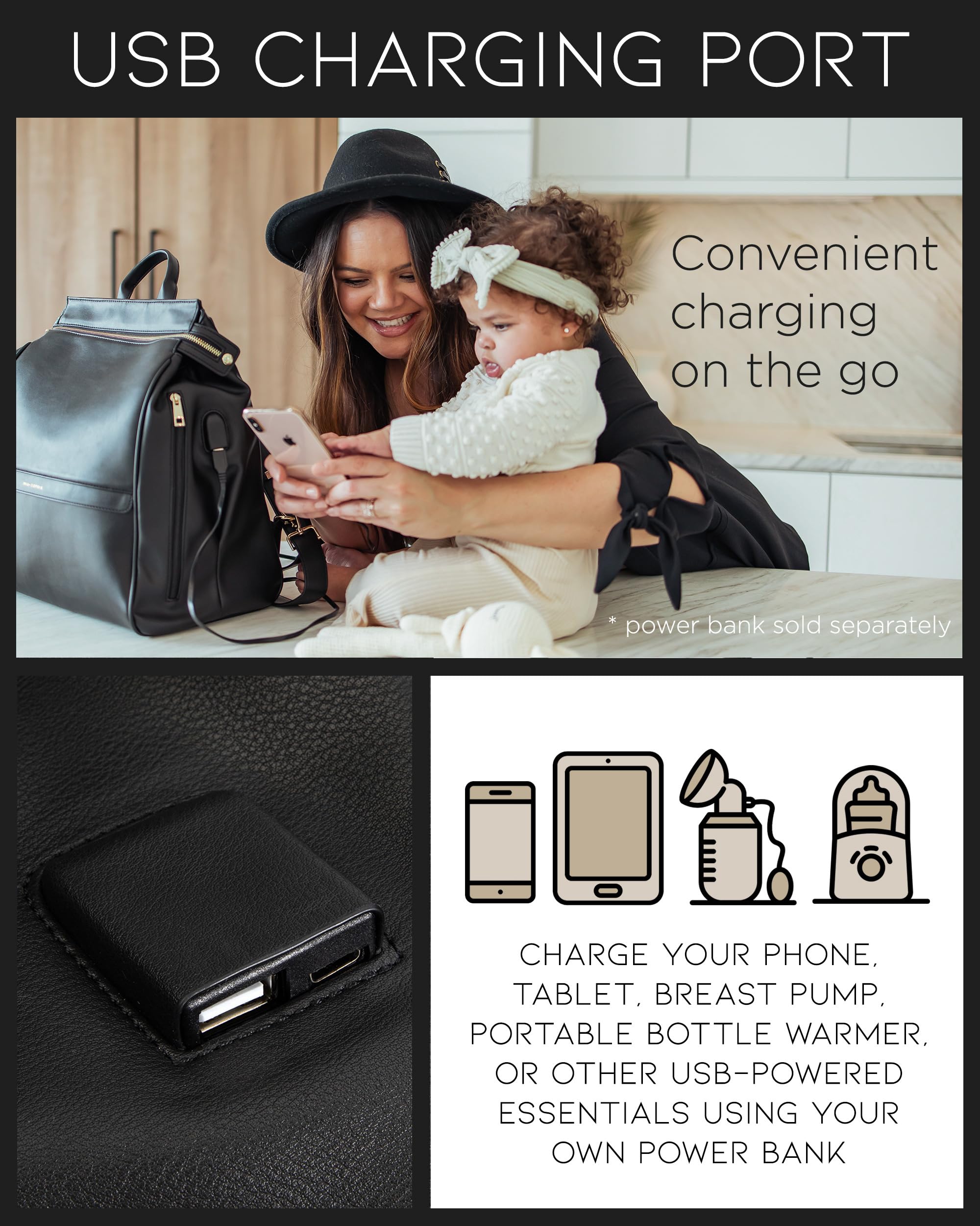MIA + SOPHIA USB charging port area for easy device charging
