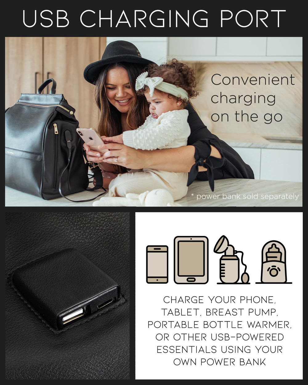 MIA + SOPHIA USB charging port area for easy device charging