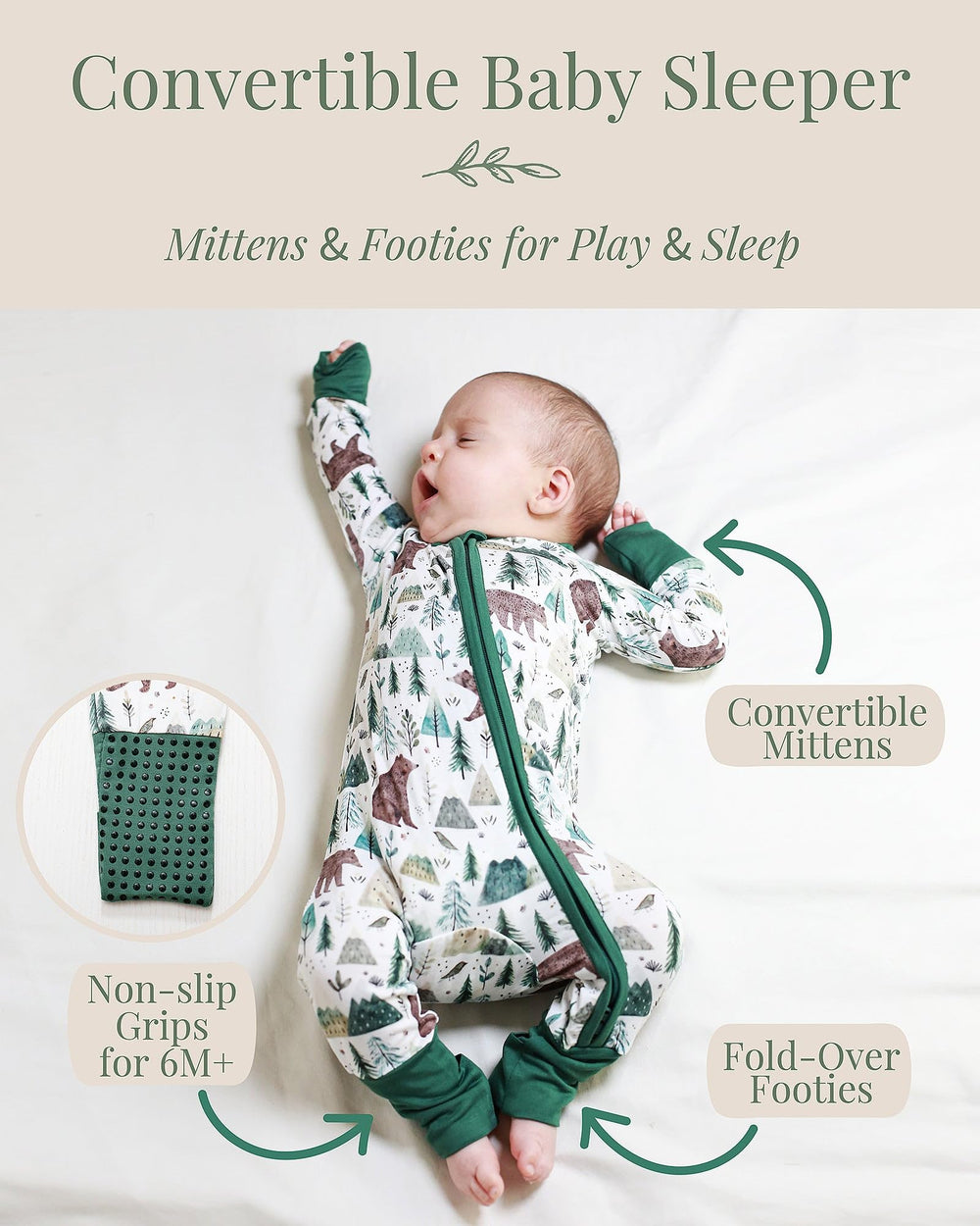 Miaoberry bamboo sleeper fold-over mittens demonstrate secure fit for tiny hands