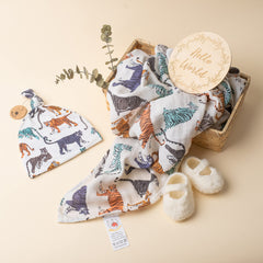 Miaoberry organic muslin tiger-cream swaddle—breathable fabric for comfortable baby wear.