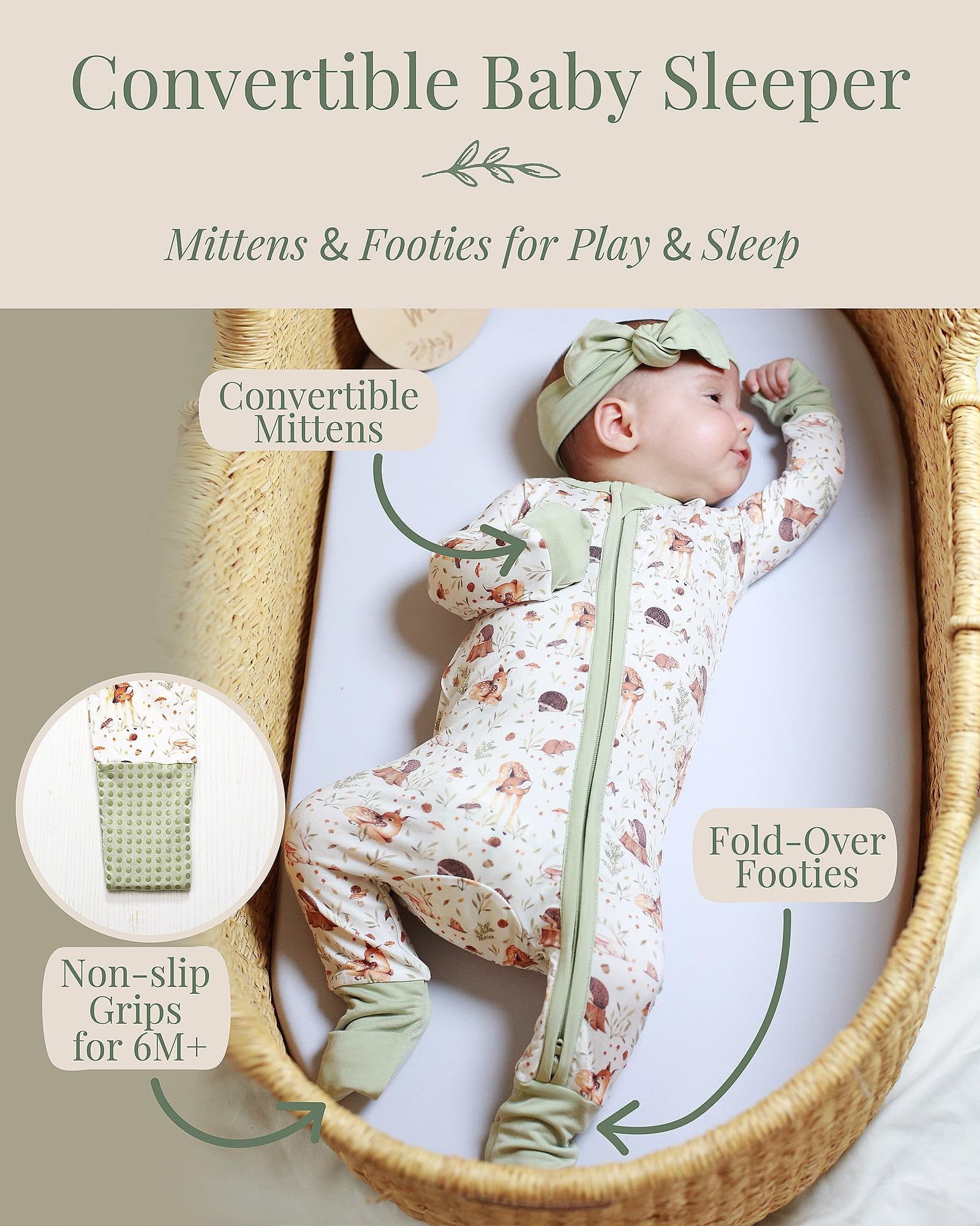 Miaoberry woodland-deer-print closeup shows the neutral design suited for any baby.