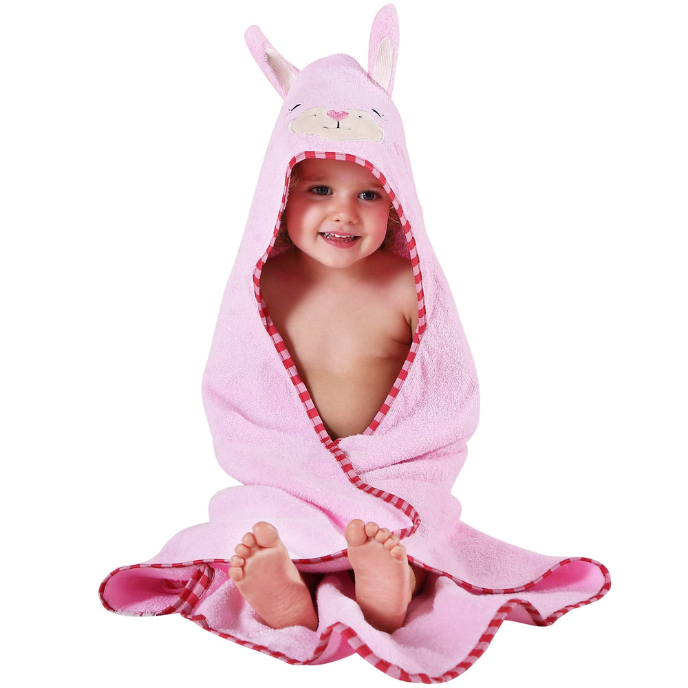 MICHLEY Animal Face Hooded Baby Towel pink front view for cozy post-bath warmth