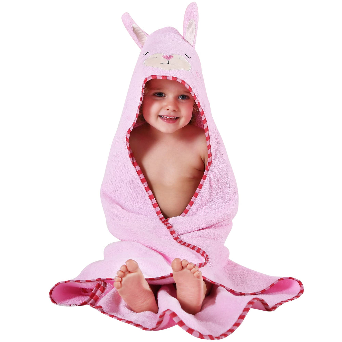 MICHLEY Animal Face Hooded Baby Towel pink front view for cozy post-bath warmth