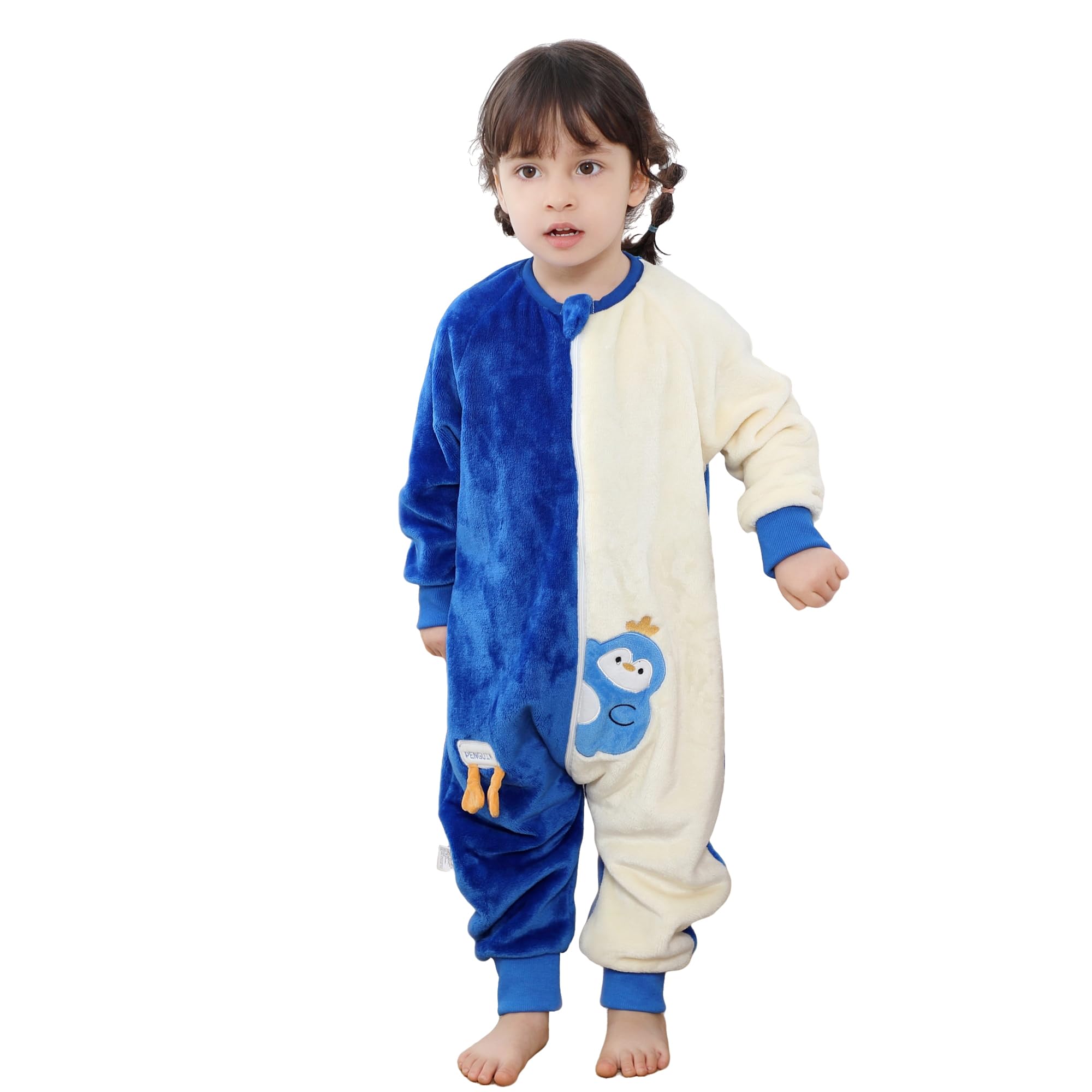 MICHLEY baby sleeping bag with legs in blue penguin design for growing sleepers.