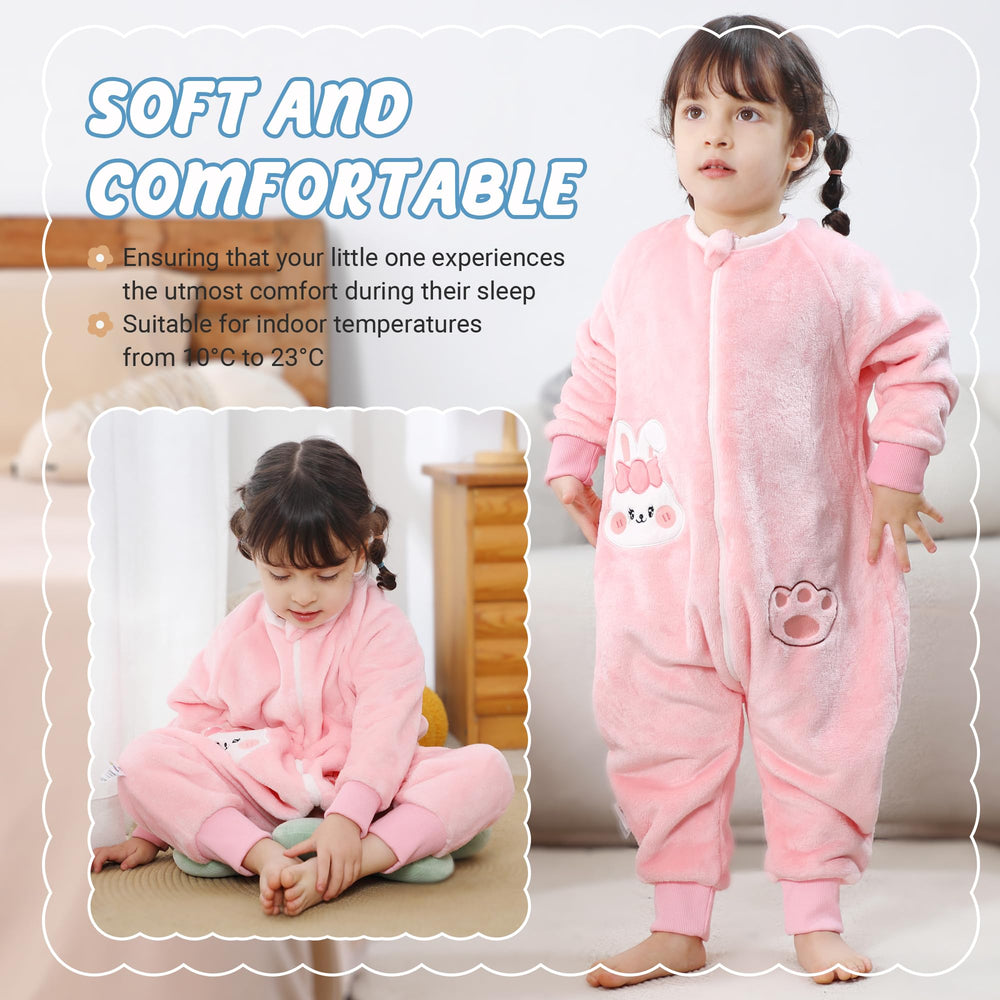 MICHLEY baby sleeping bag sack legs pink rabbit side view enables easy movement and safe wear.