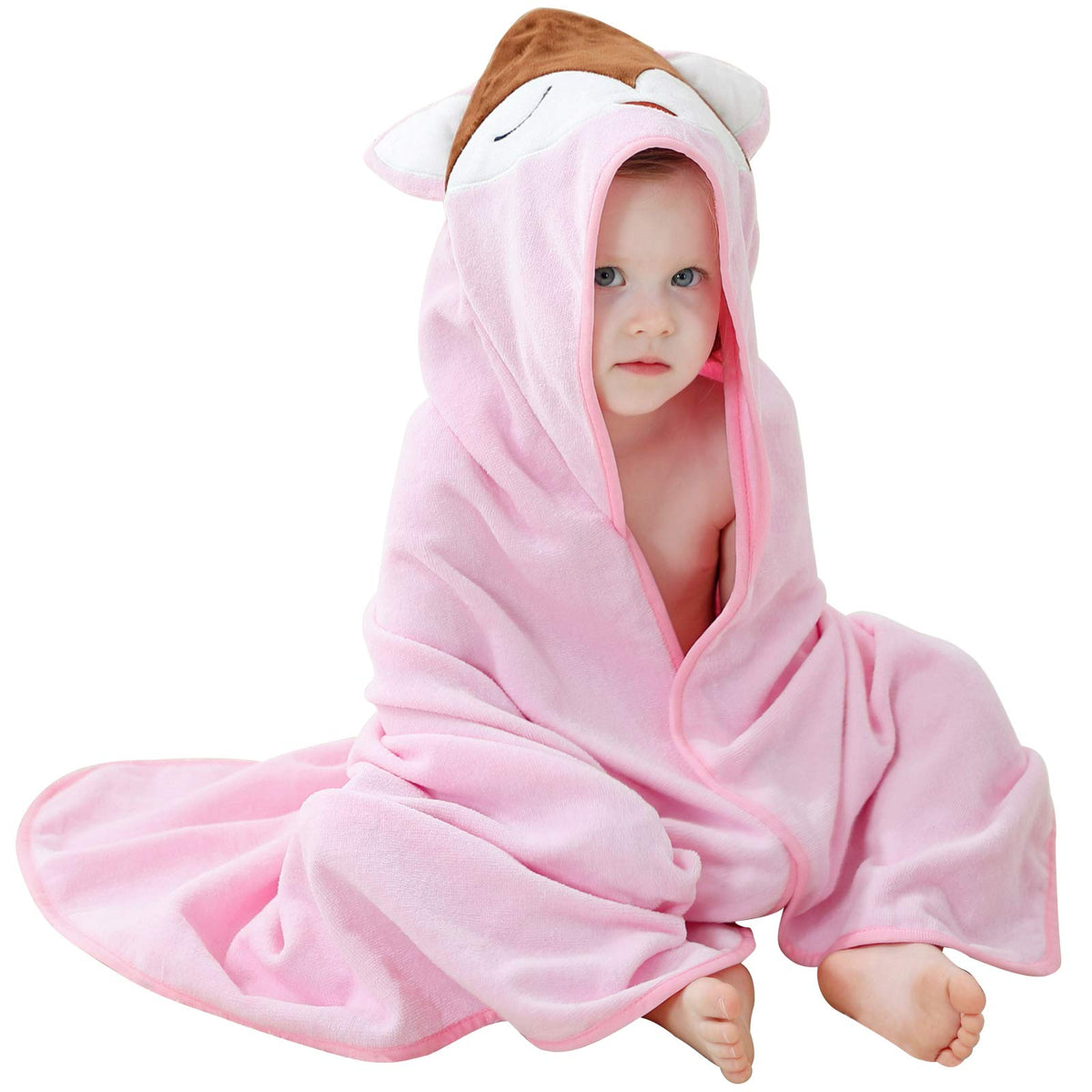 MICHLEY pink fox hooded towel face close-up for bath time warmth