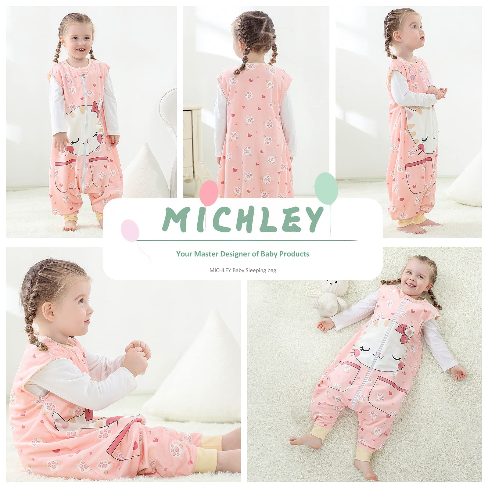 MICHLEY wearable blanket designed for growth with sizes 1-3T, 3-5T, 5-6T.