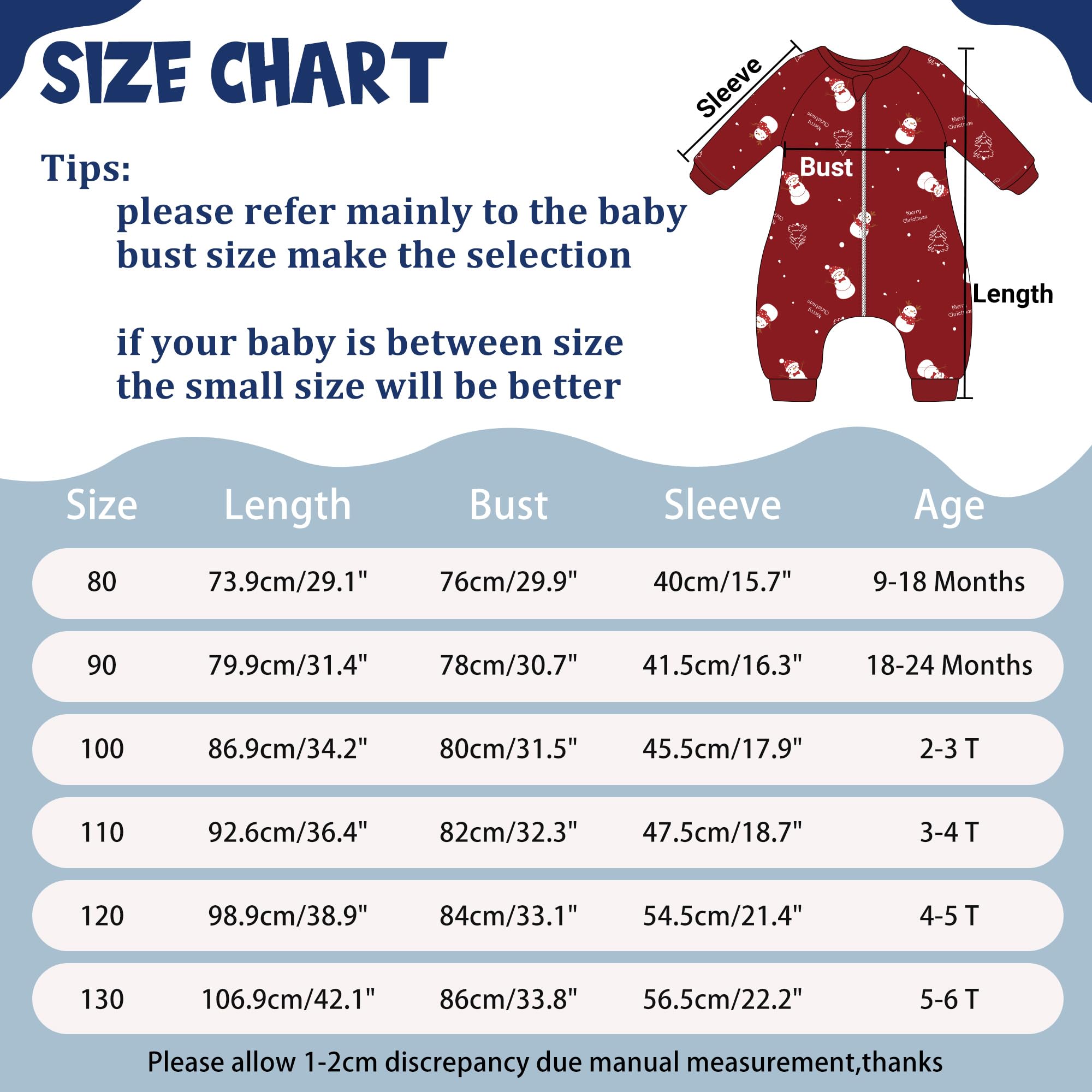 MICHLEY size range label showing growth-friendly fit from 80 to 130.