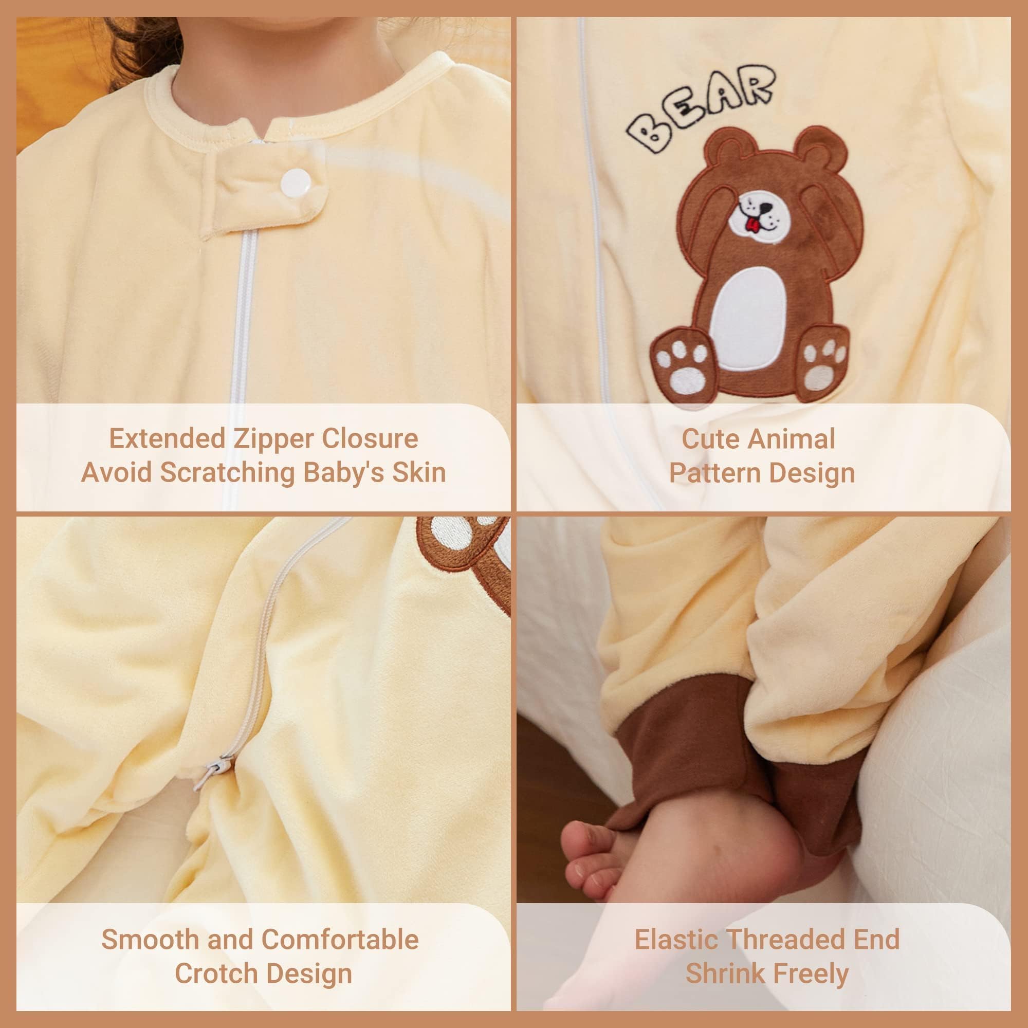 MICHLEY sleepsack with foot openings supports movement and diaper changes.
