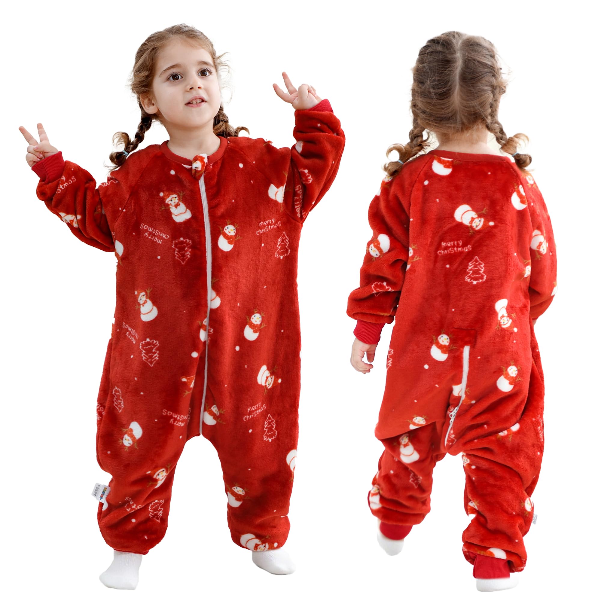 MICHLEY toddler flannel sleeping sack on child for warm, cozy nights.