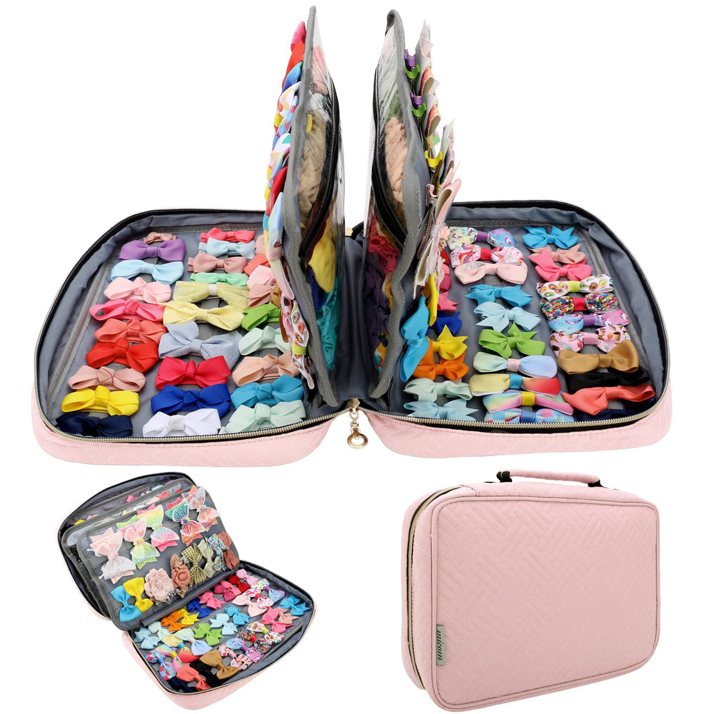 MICOM hair accessories storage bag open shows organized space for bows and clips.
