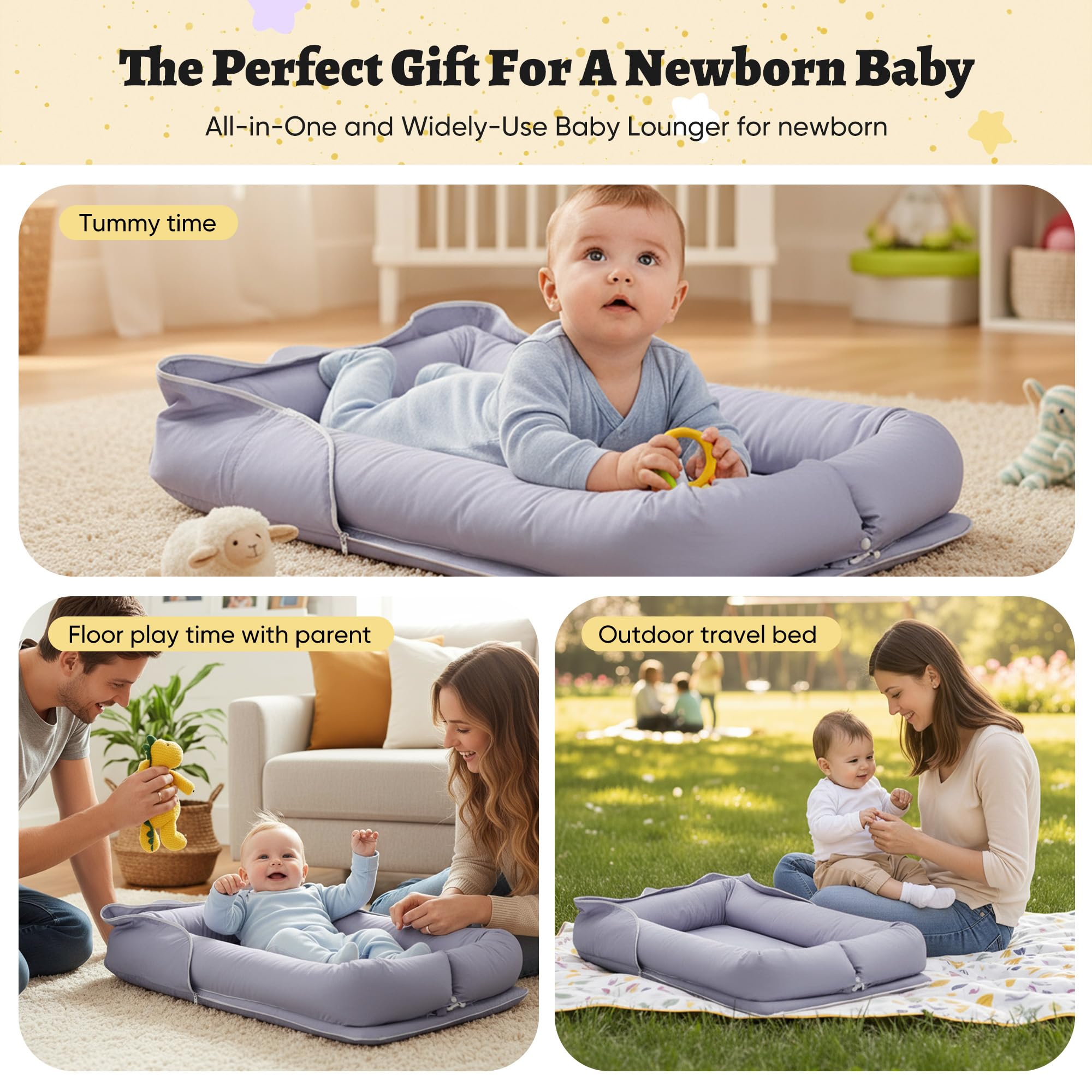 Miereirl baby lounger zipper closure enables quick removal for cleanups.