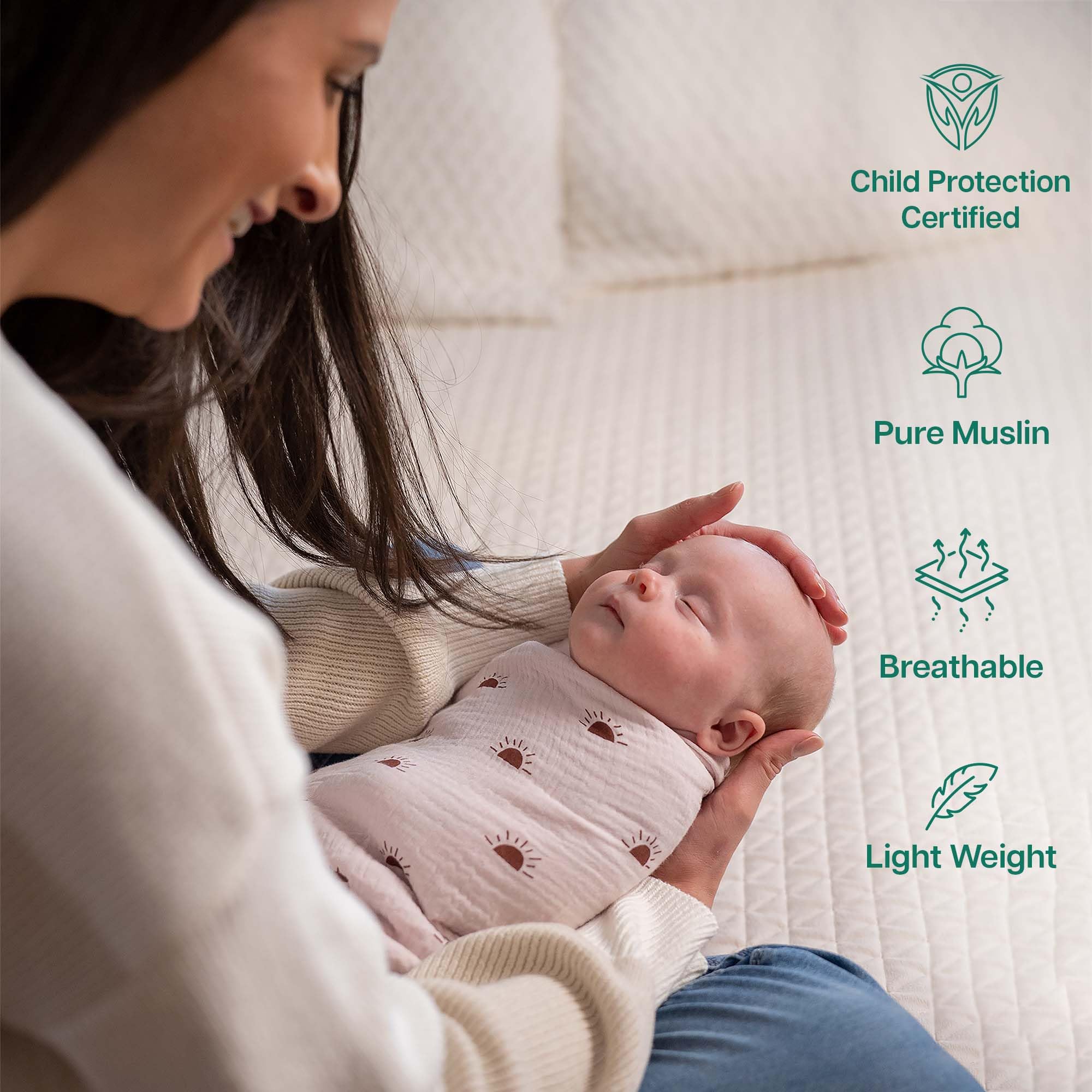 MiFlor muslin swaddle on baby demonstrates secure, womb-like swaddle for calm sleep.