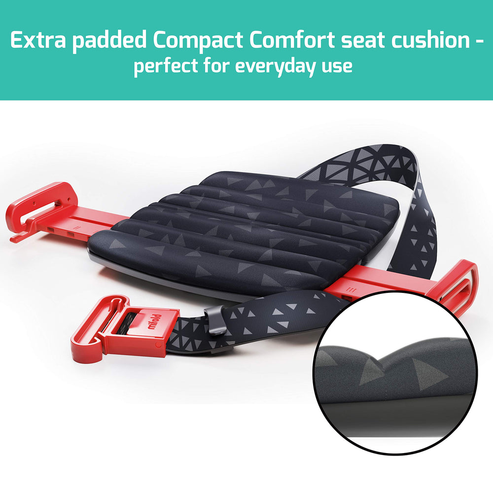 Mifold Comfort booster fits in a backpack for quick car switchovers.