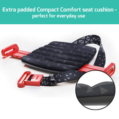 Mifold Comfort booster fits in a backpack for quick car switchovers.
