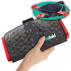 Mifold Comfort narrow booster seat shows compact design for carpooling and travel.