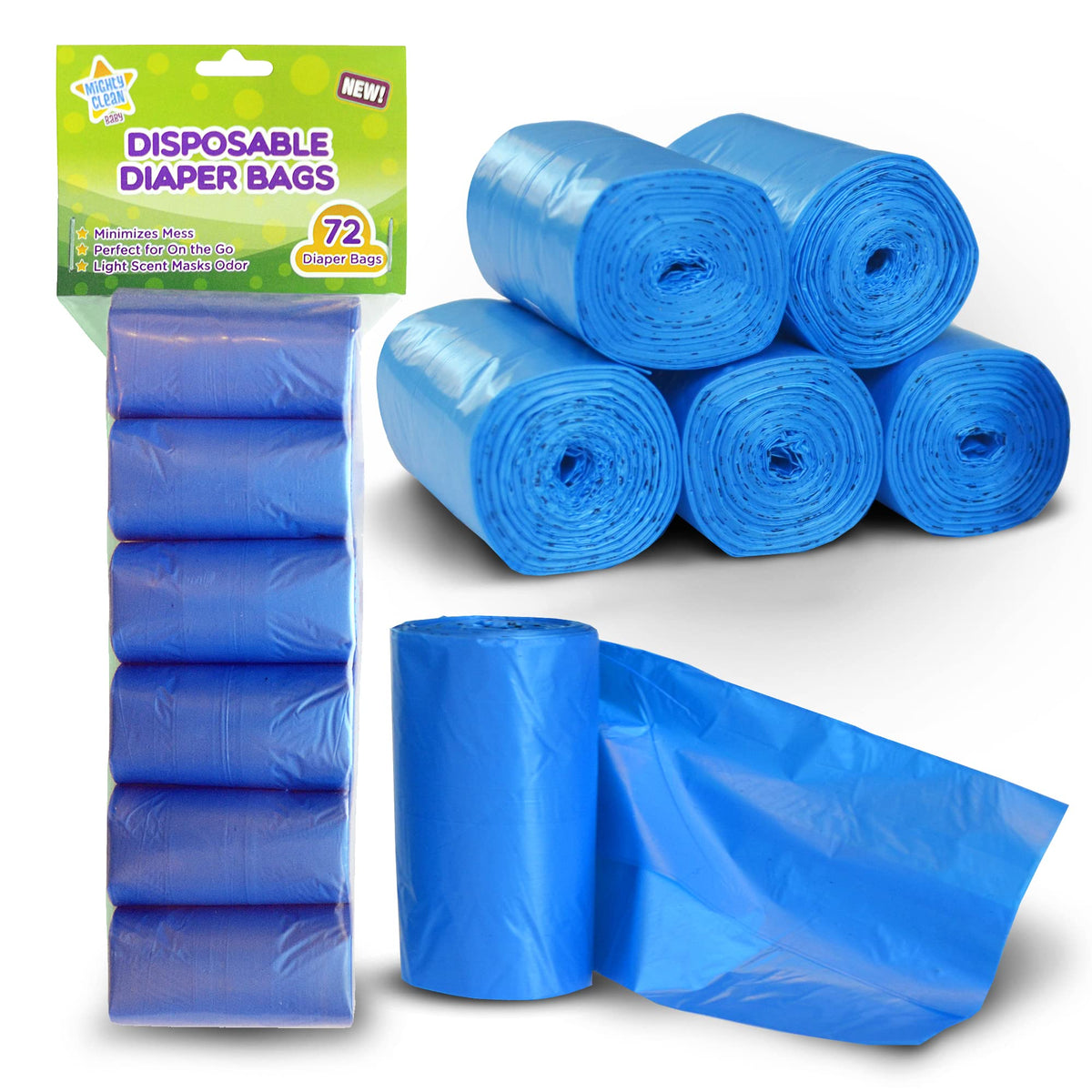 Mighty Clean Baby refill rolls – 72-count pack for mess-free on-the-go diaper disposal.