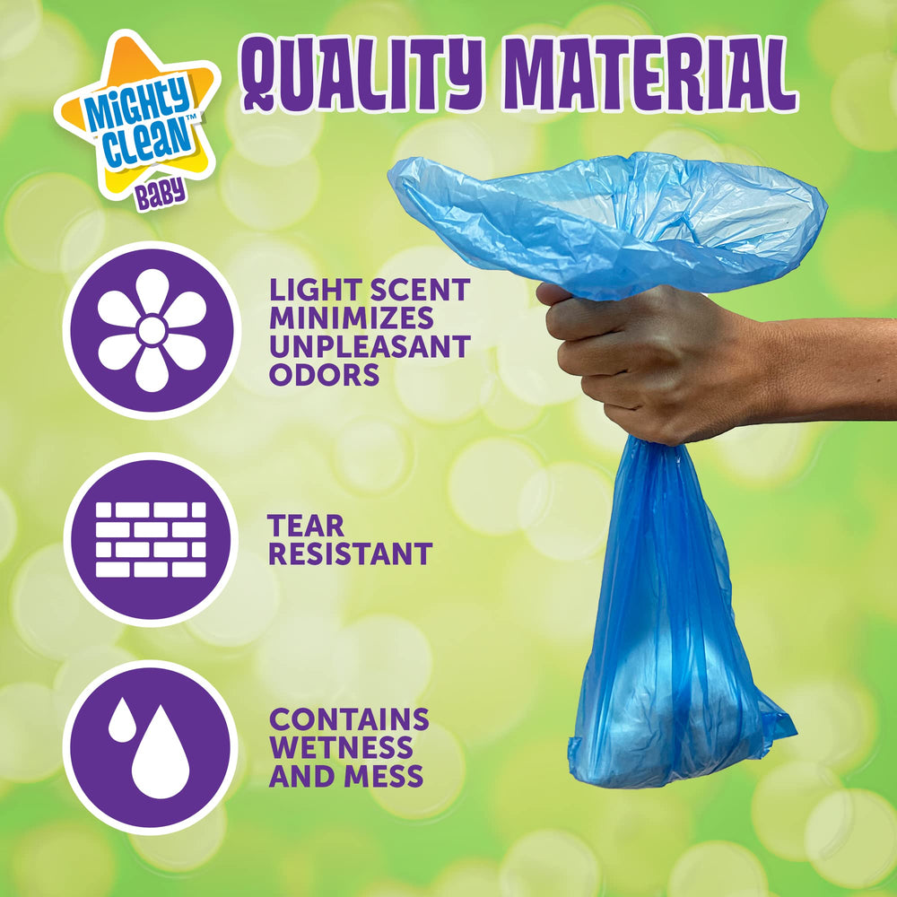 Mighty Clean Baby refill rolls showing easy-tear seam for quick diaper disposal.