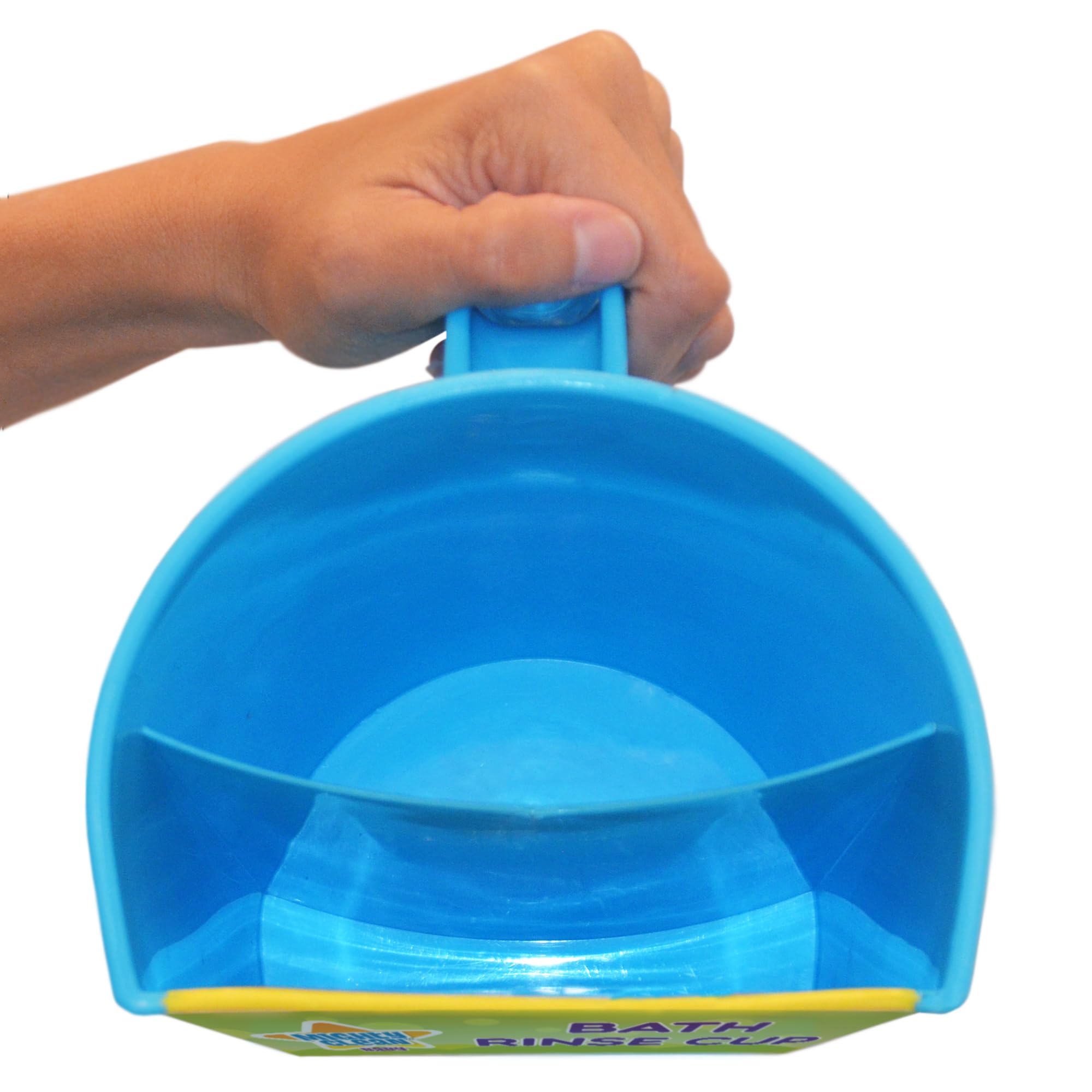 Mighty Clean Baby rinse cup shows flexible silicone edge protecting baby's forehead.