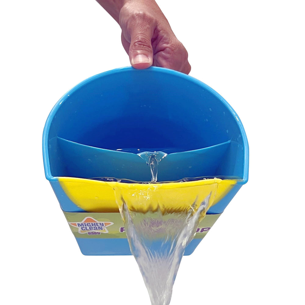 Mighty Clean Baby rinse cup with forehead seal for tear-free bath rinsing.