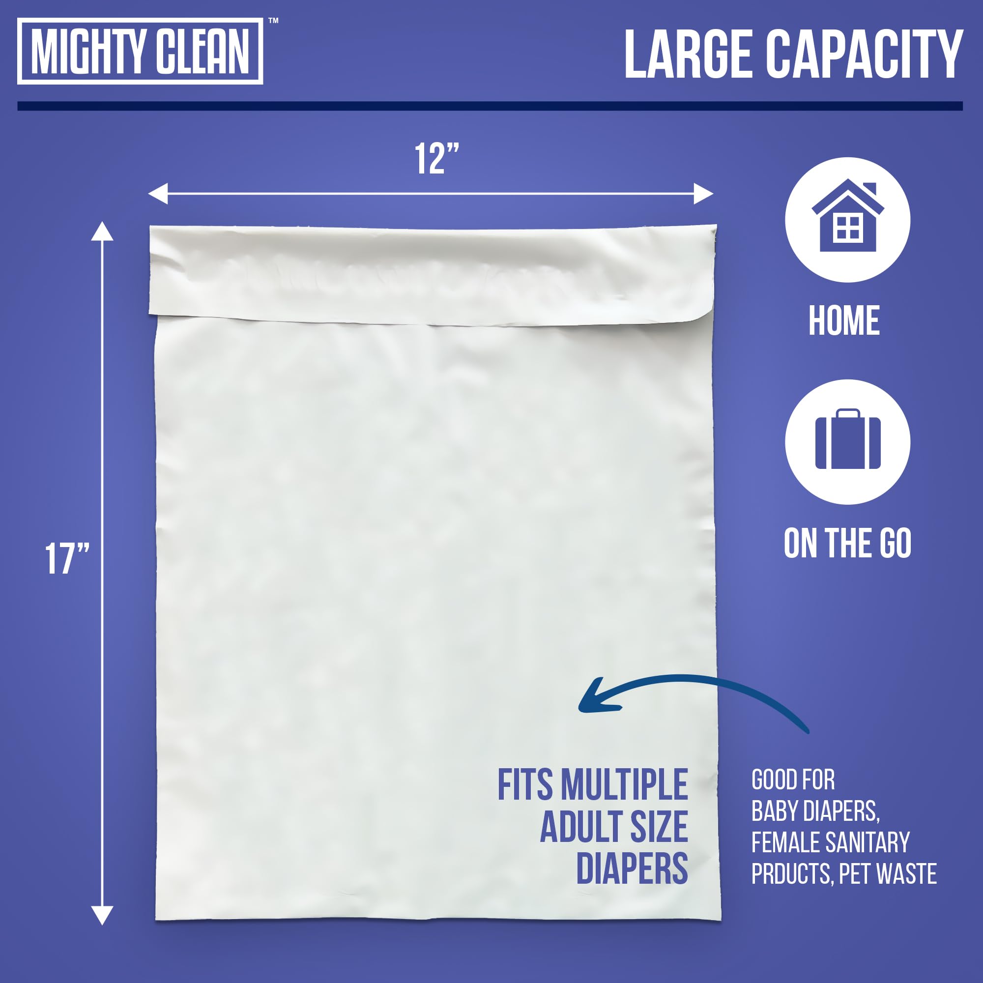 Mighty Clean diaper bags seal-close demonstrating built-in adhesive seal for odor containment.