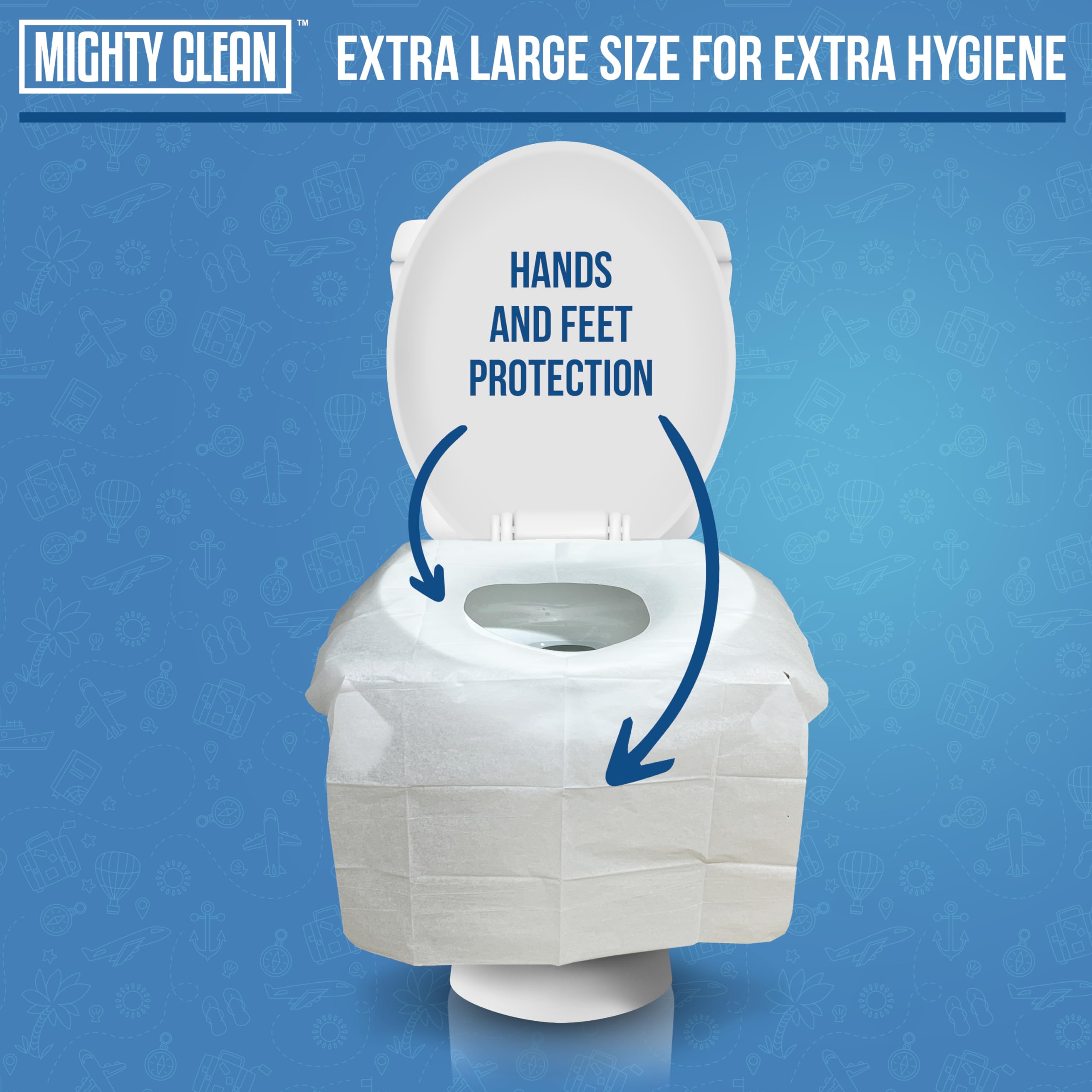 Mighty Clean flushable seat covers are shown being disposed after use.
