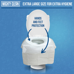 Mighty Clean flushable seat covers are shown being disposed after use.