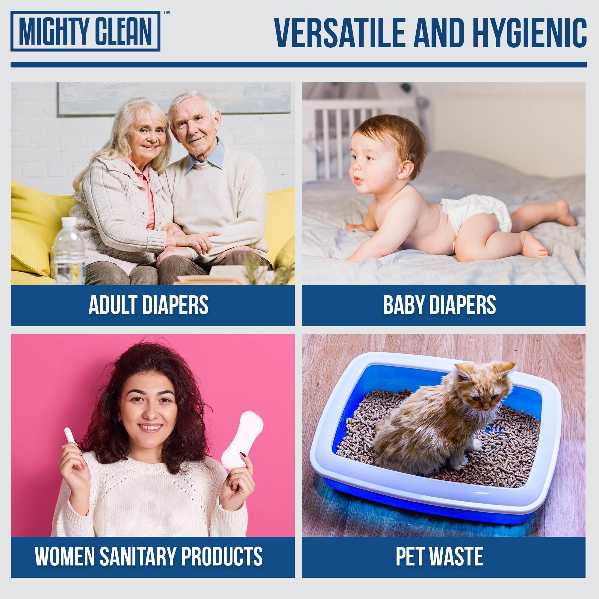 Mighty Clean multi-use-disposal-bags suitable for diapers, pads, pet waste on the go.