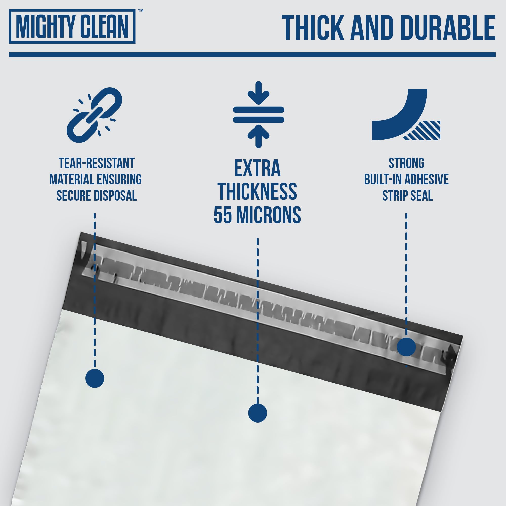 Mighty Clean odor-seal-closure highlights discreet disposal and odor control.