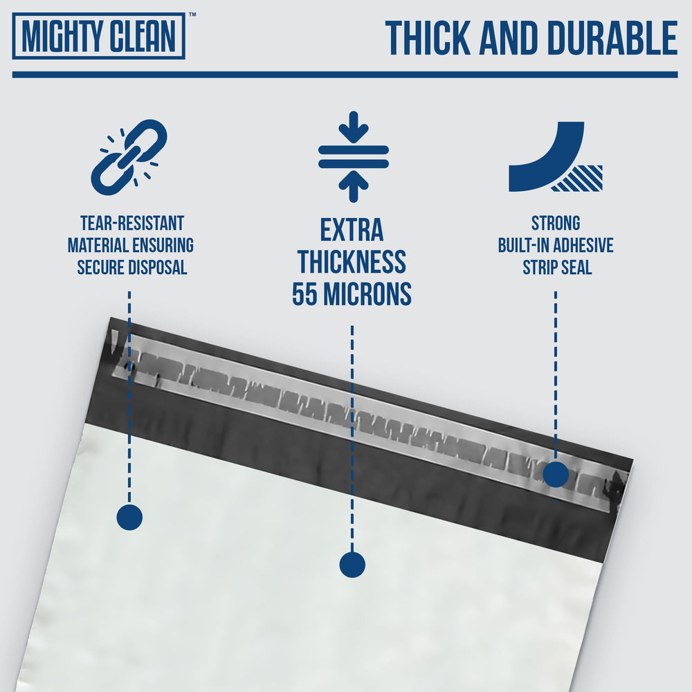 Mighty Clean odor-seal-closure highlights discreet disposal and odor control.