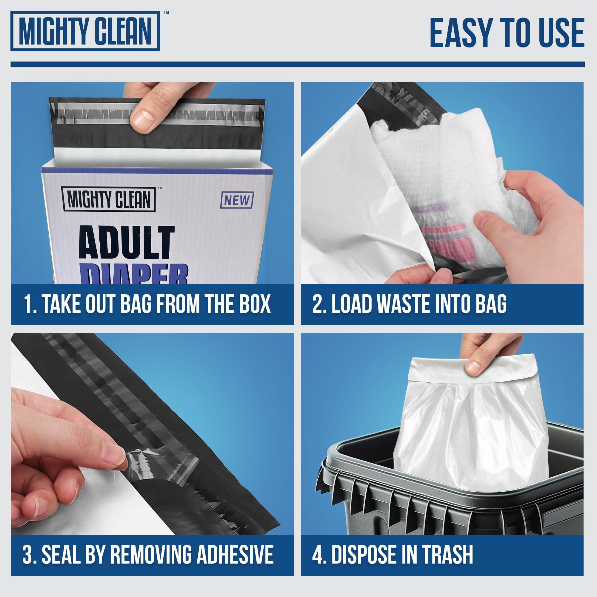 Mighty Clean opaque-discreet-bags convey privacy during waste disposal.