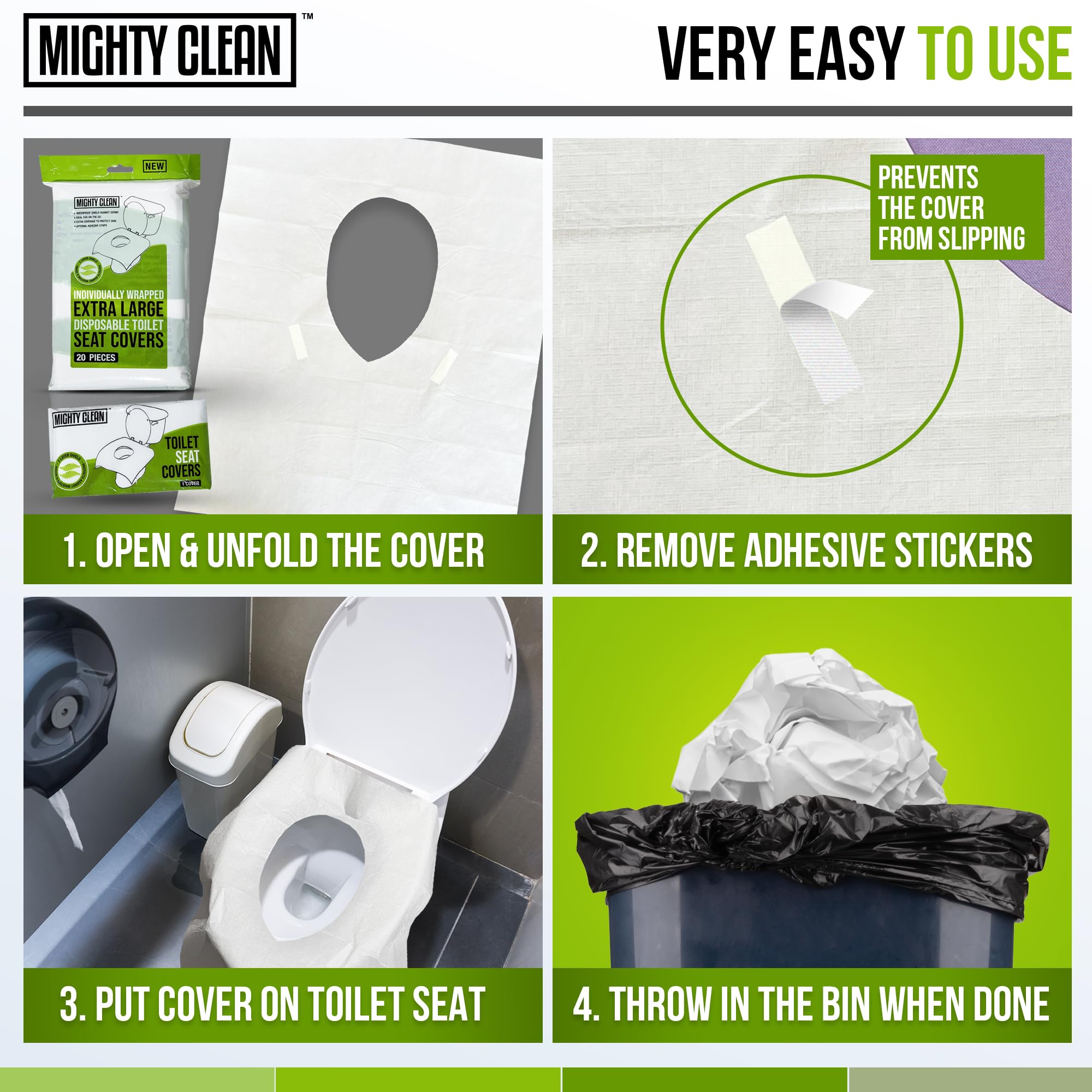 Mighty Clean covers with two adhesive strips to prevent slipping.